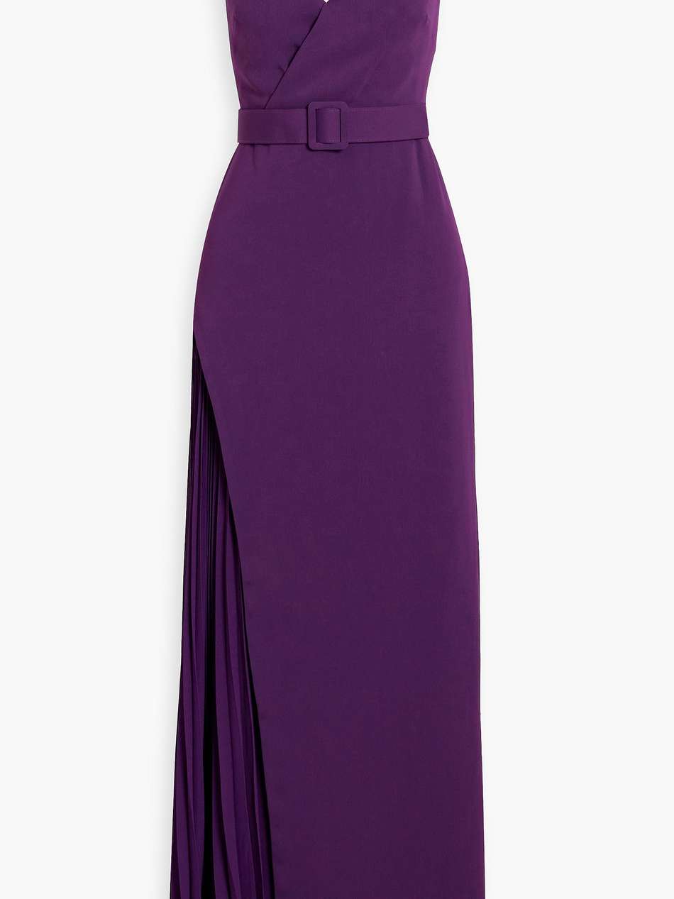 wrap-effect plissé-paneled crepe gown