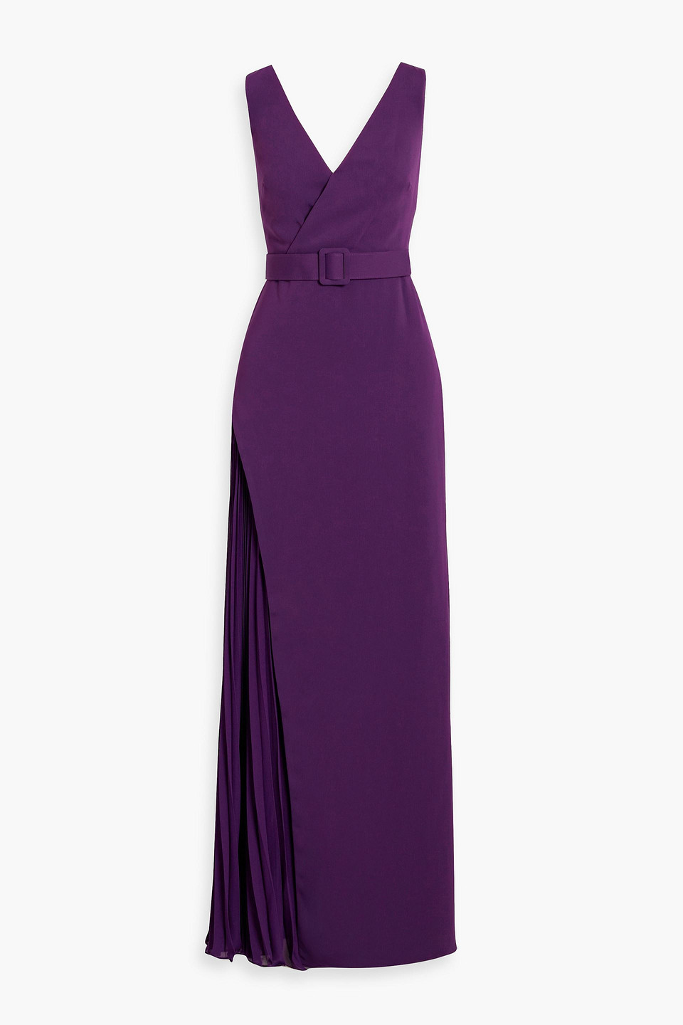 Badgley Mischka Wrap-effect Plissé-paneled Crepe Gown In Violet