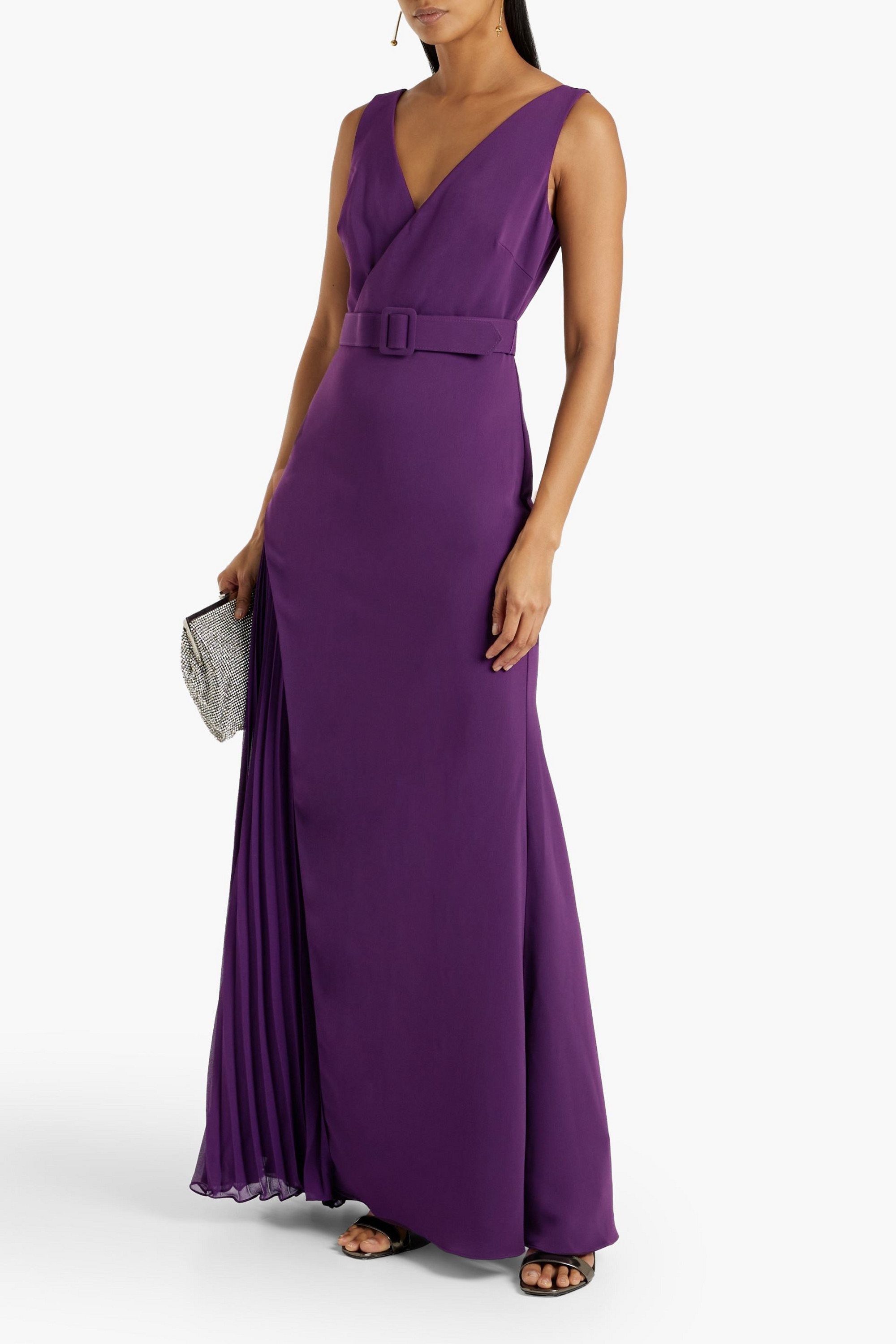 Badgley Mischka Wrap-effect plissé-paneled crepe gown
