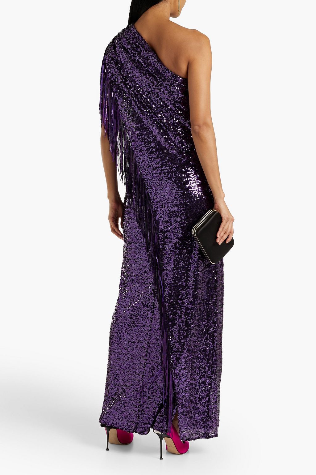 BADGLEY MISCHKA One-shoulder draped sequined woven gown