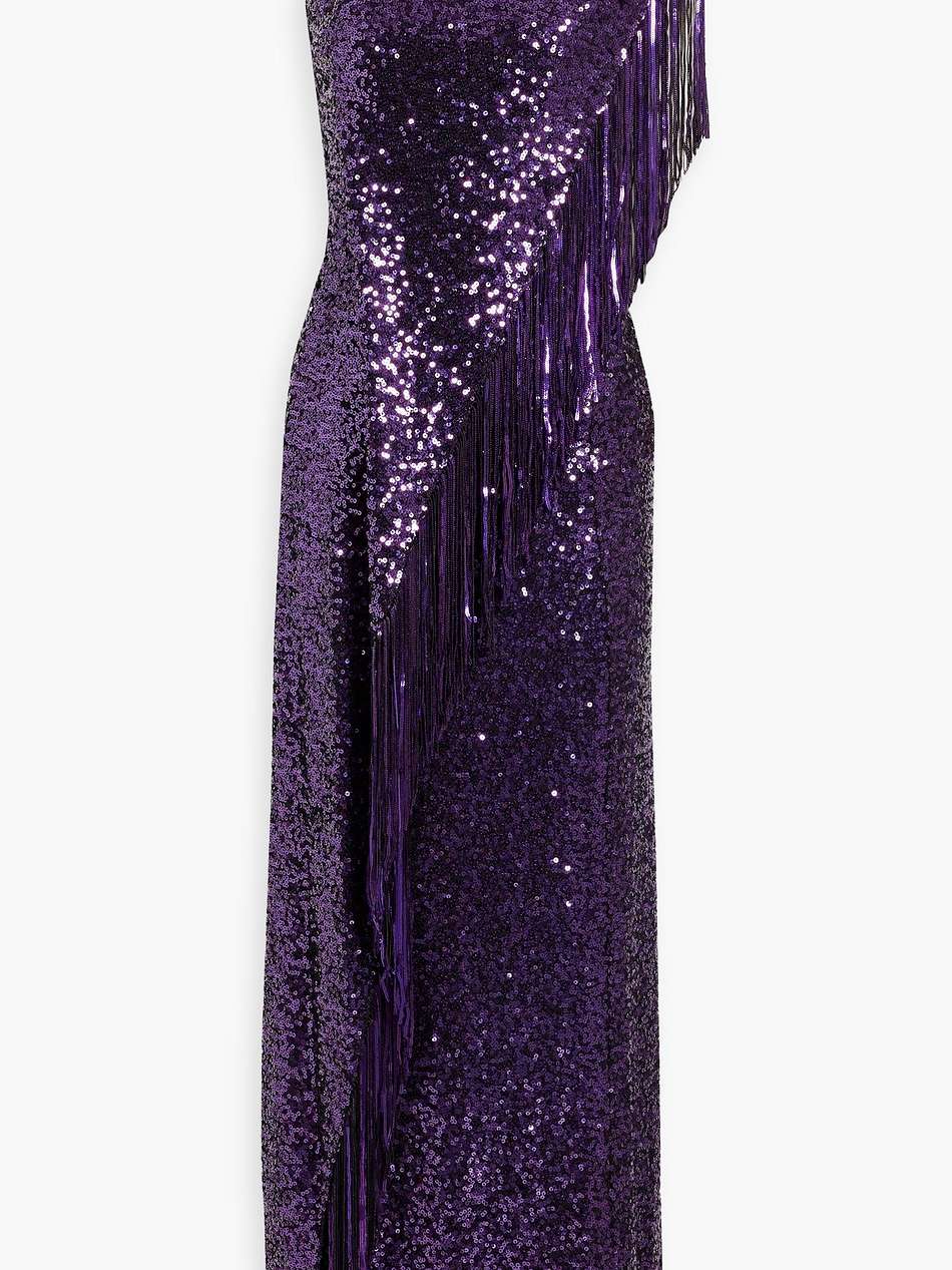 one-shoulder draped sequined woven gown