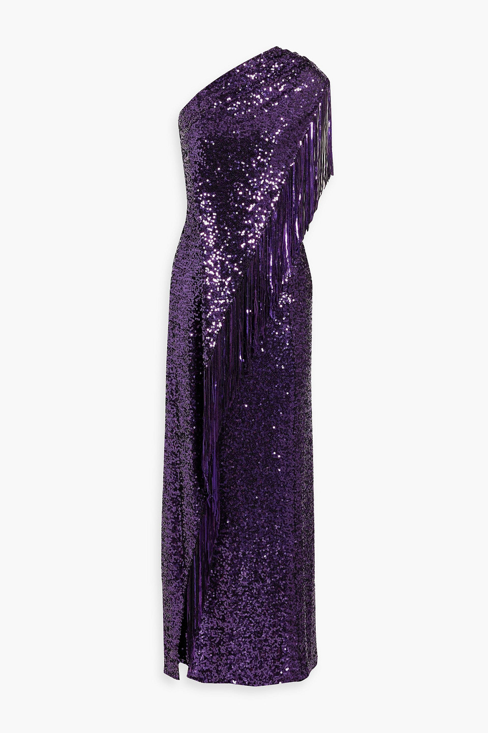 One-shoulder draped sequined woven gown