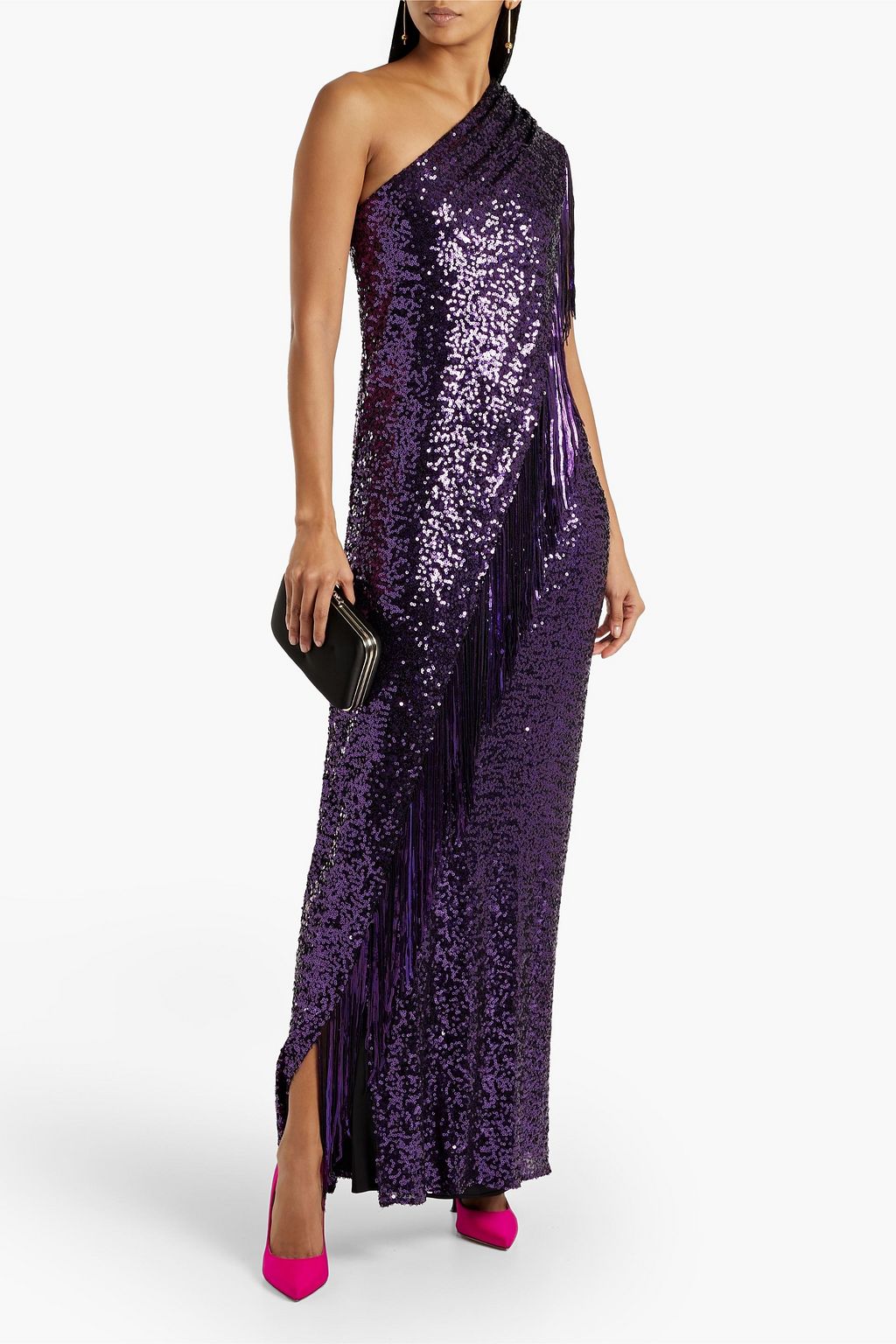BADGLEY MISCHKA One-shoulder draped sequined woven gown