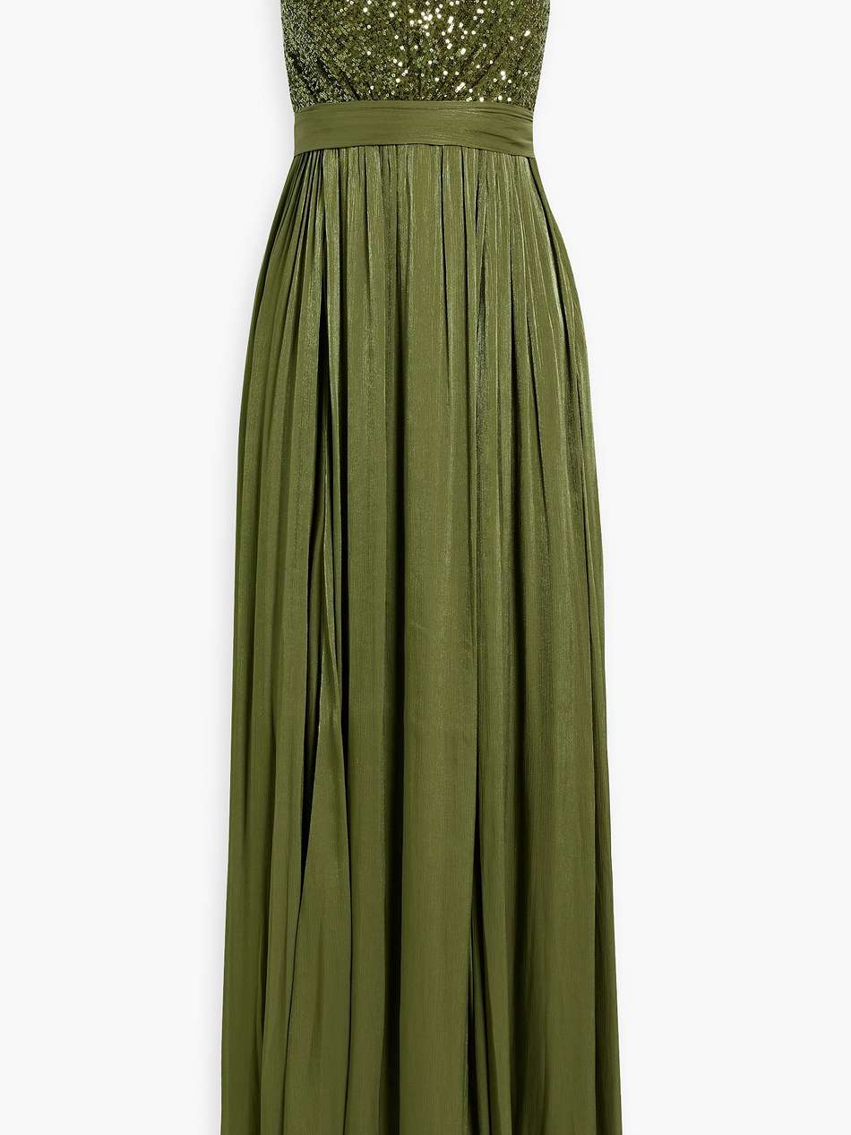 feather-embellished sequined mesh and chiffon gown