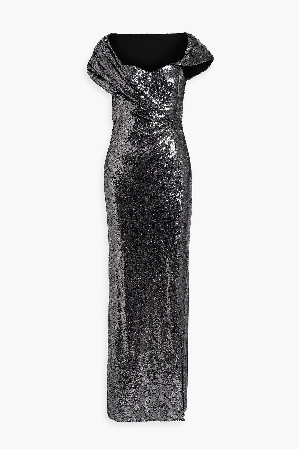 Badgley Mischka Draped Sequined Mesh Gown In Gunmetal