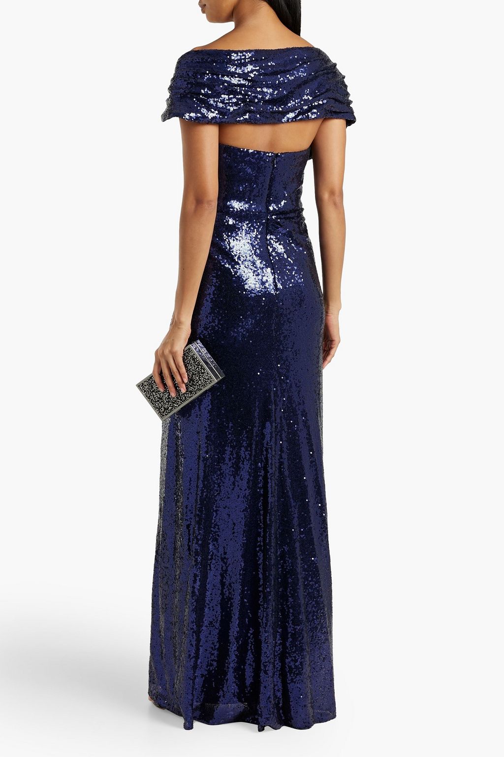 BADGLEY MISCHKA Draped sequined mesh gown