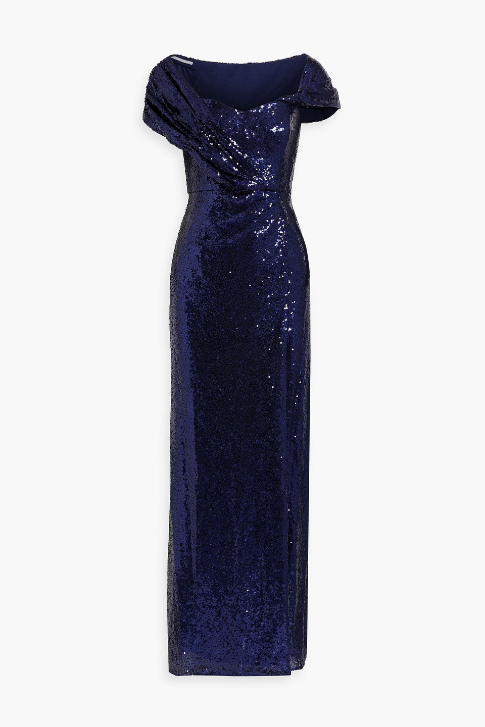 Shop Badgley Mischka Draped Sequined Mesh Gown In Navy