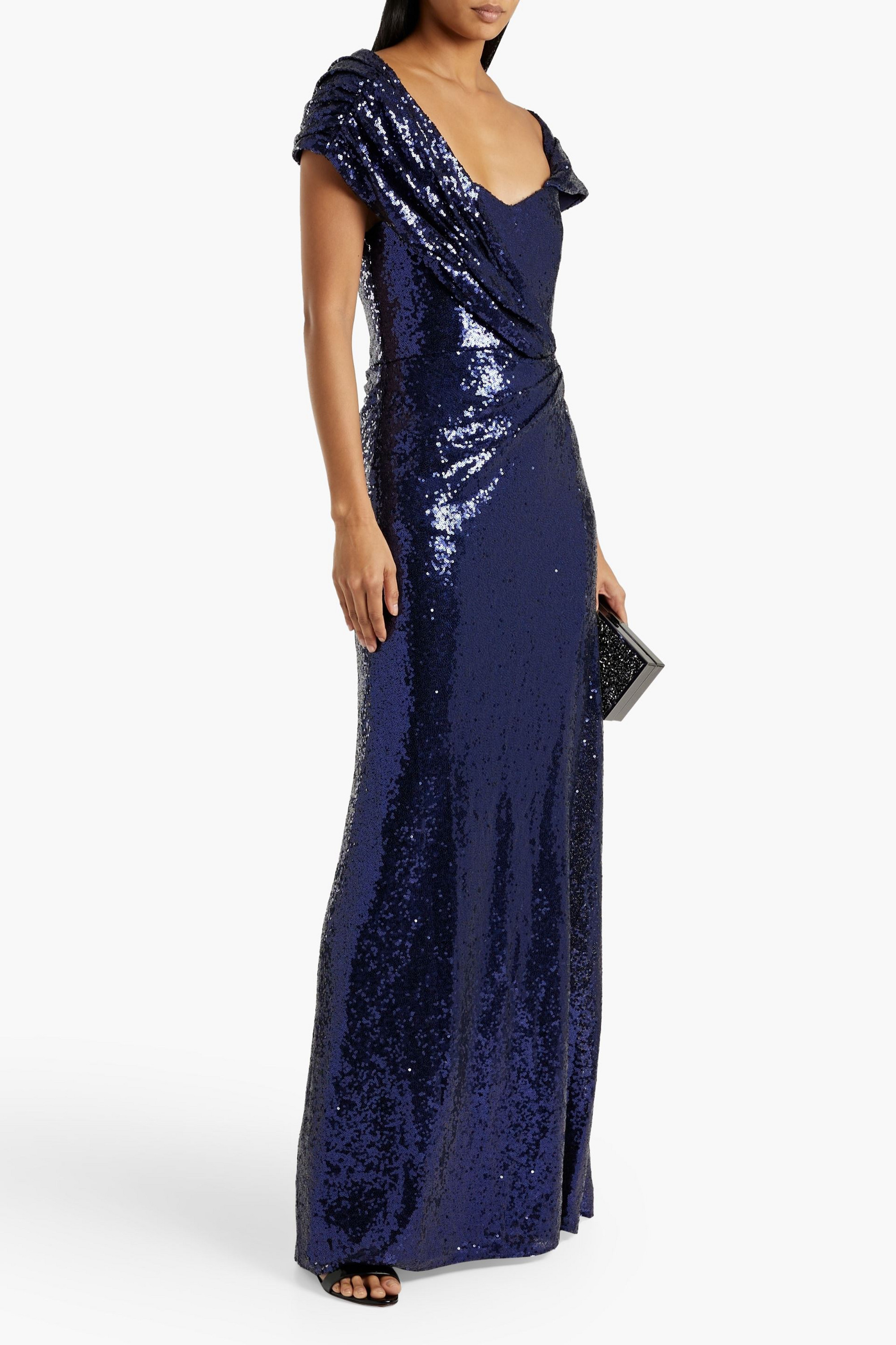 Badgley Mischka Draped sequined mesh gown
