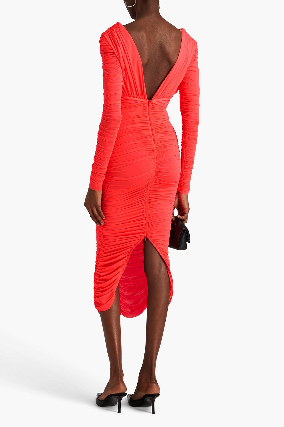 Shop Alex Perry Ruched Neon Stretch-jersey Midi Dress In Papaya