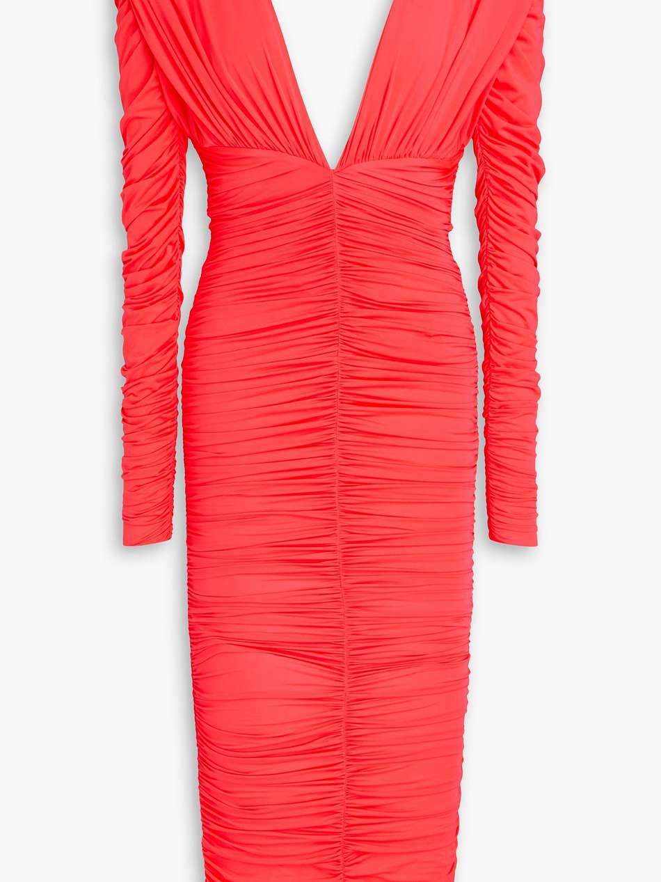 ruched neon stretch-jersey midi dress