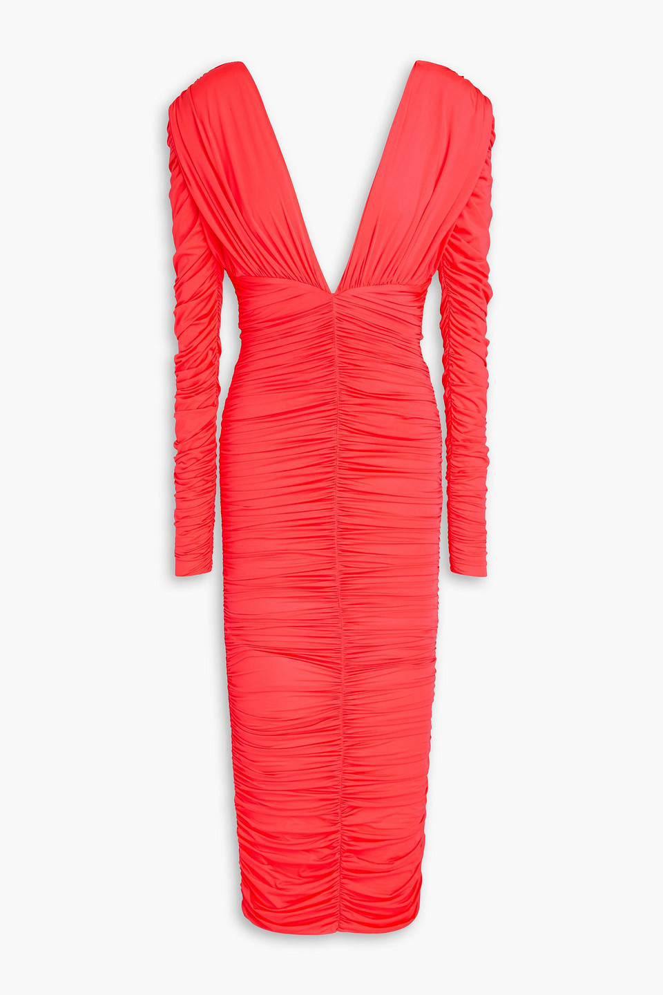 Alex Perry Ruched Neon Stretch-jersey Midi Dress In Papaya