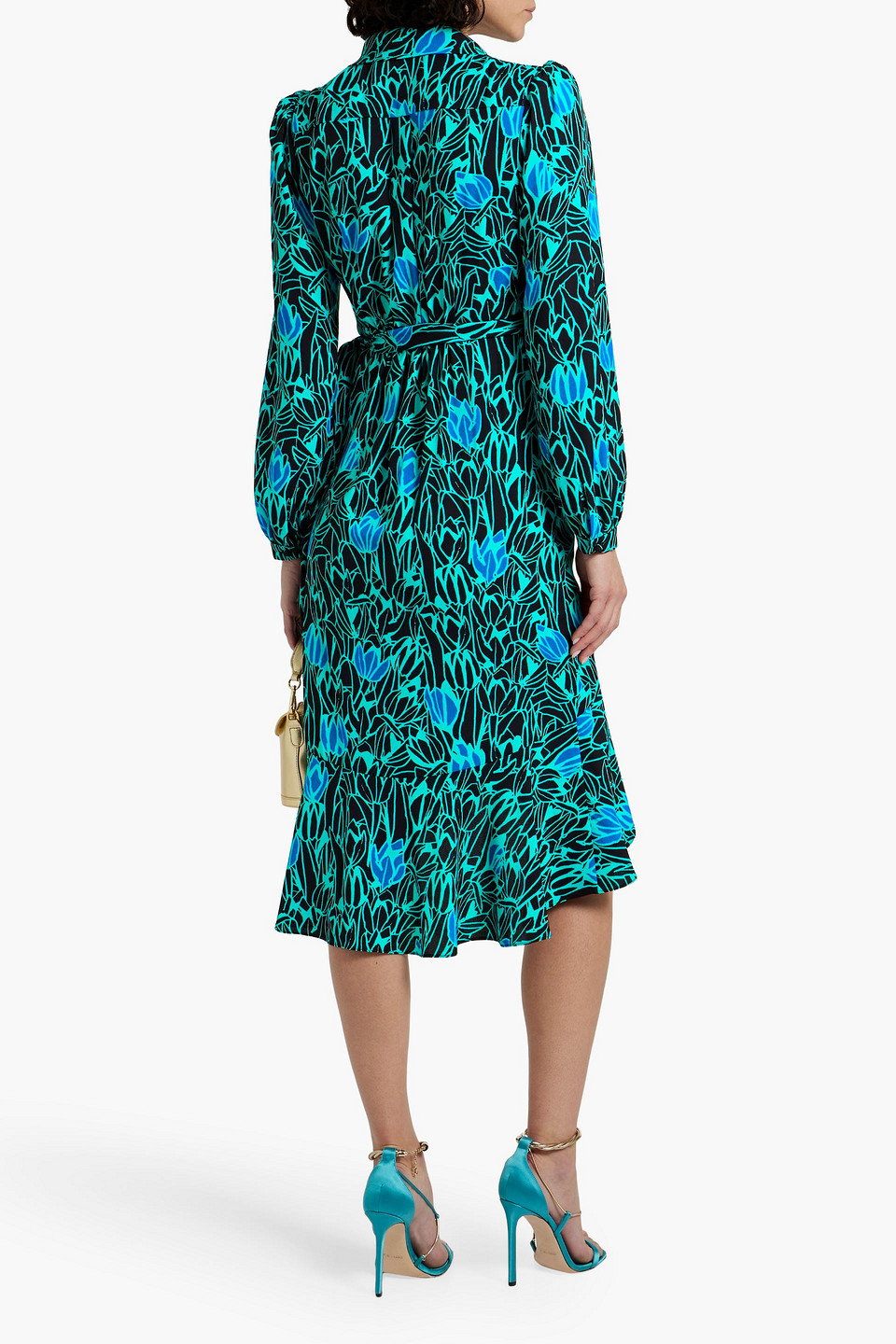 Shop Diane Von Furstenberg Carla Ruffled Printed Crepe Midi Wrap Dress In Turquoise