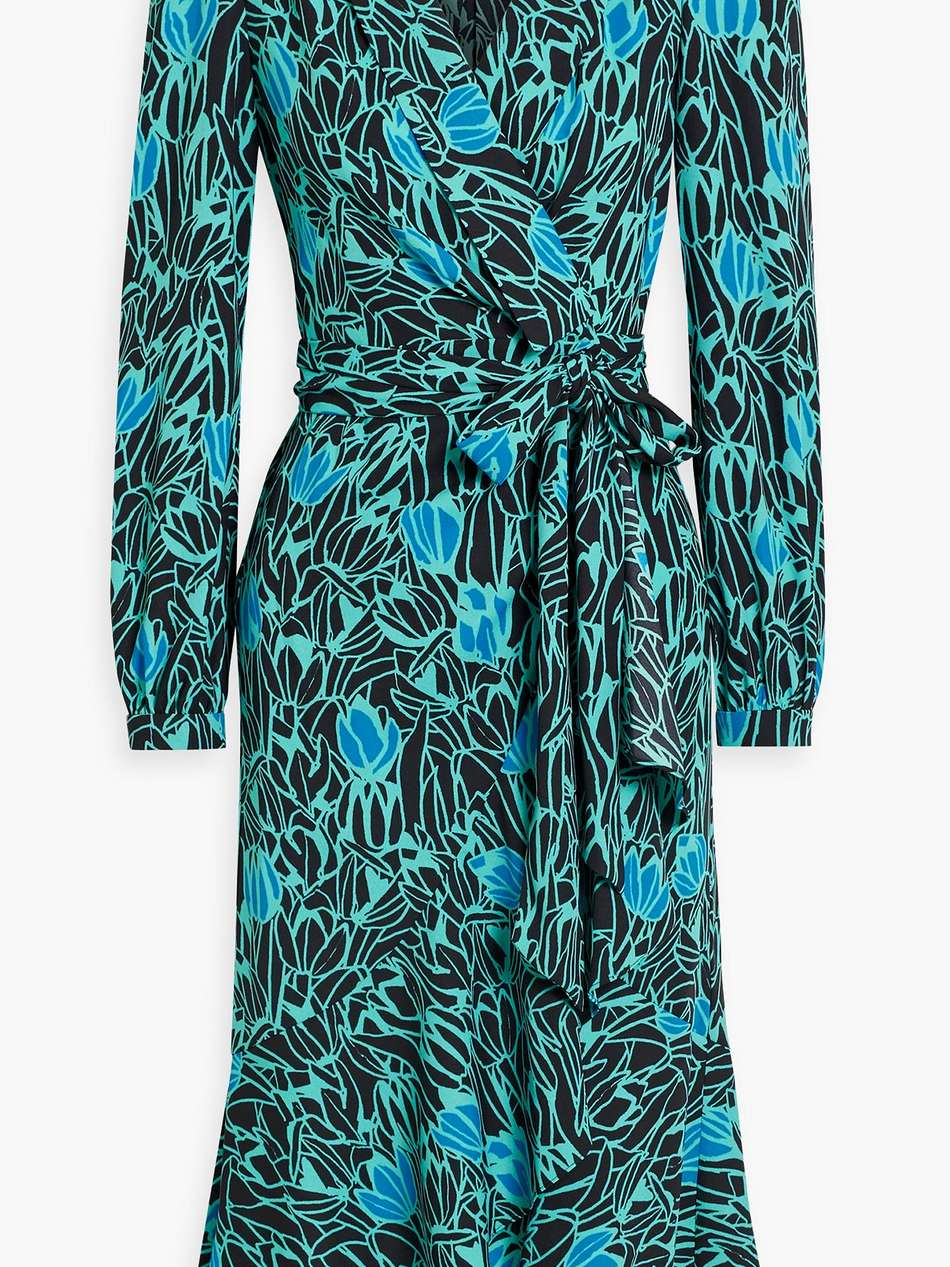 carla ruffled printed crepe midi wrap dress