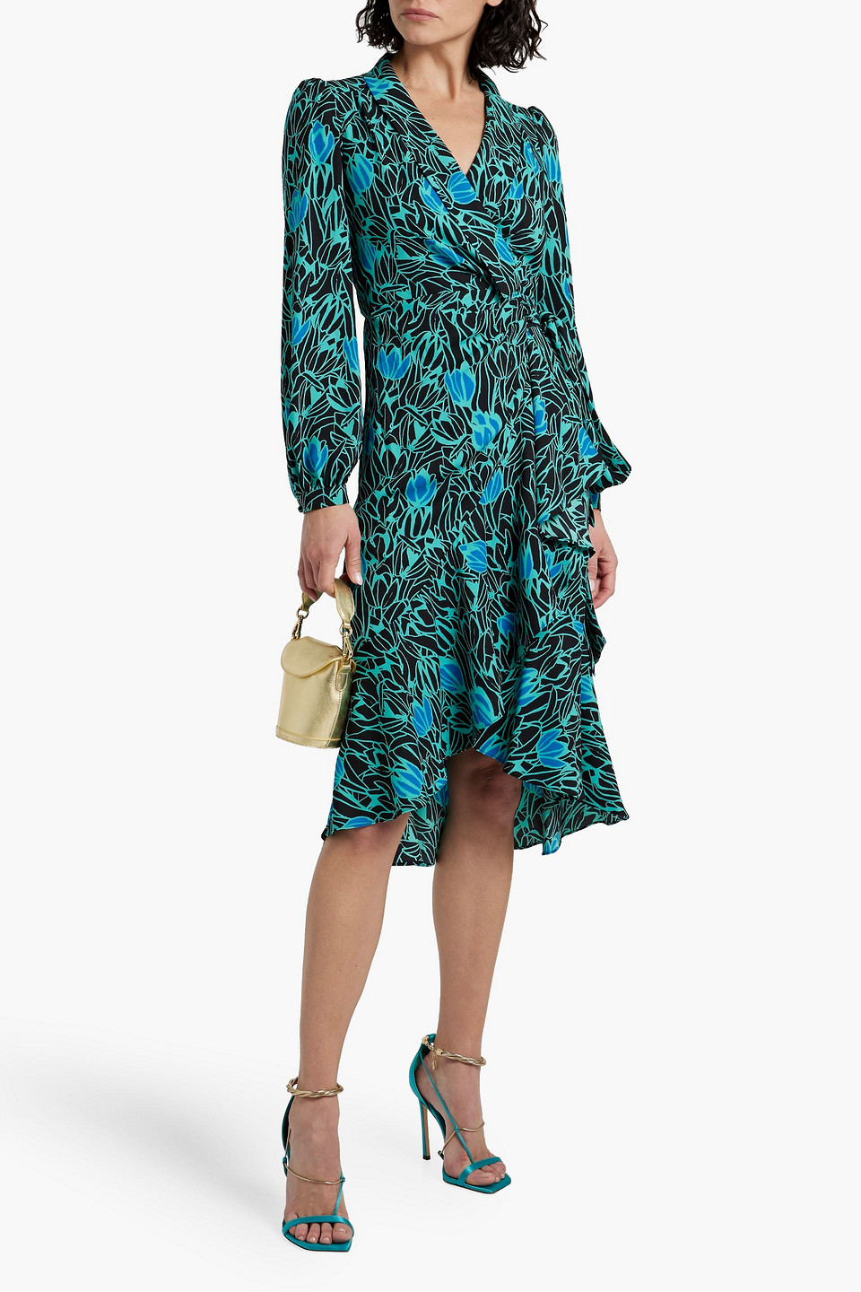 Shop Diane Von Furstenberg Carla Ruffled Printed Crepe Midi Wrap Dress In Turquoise