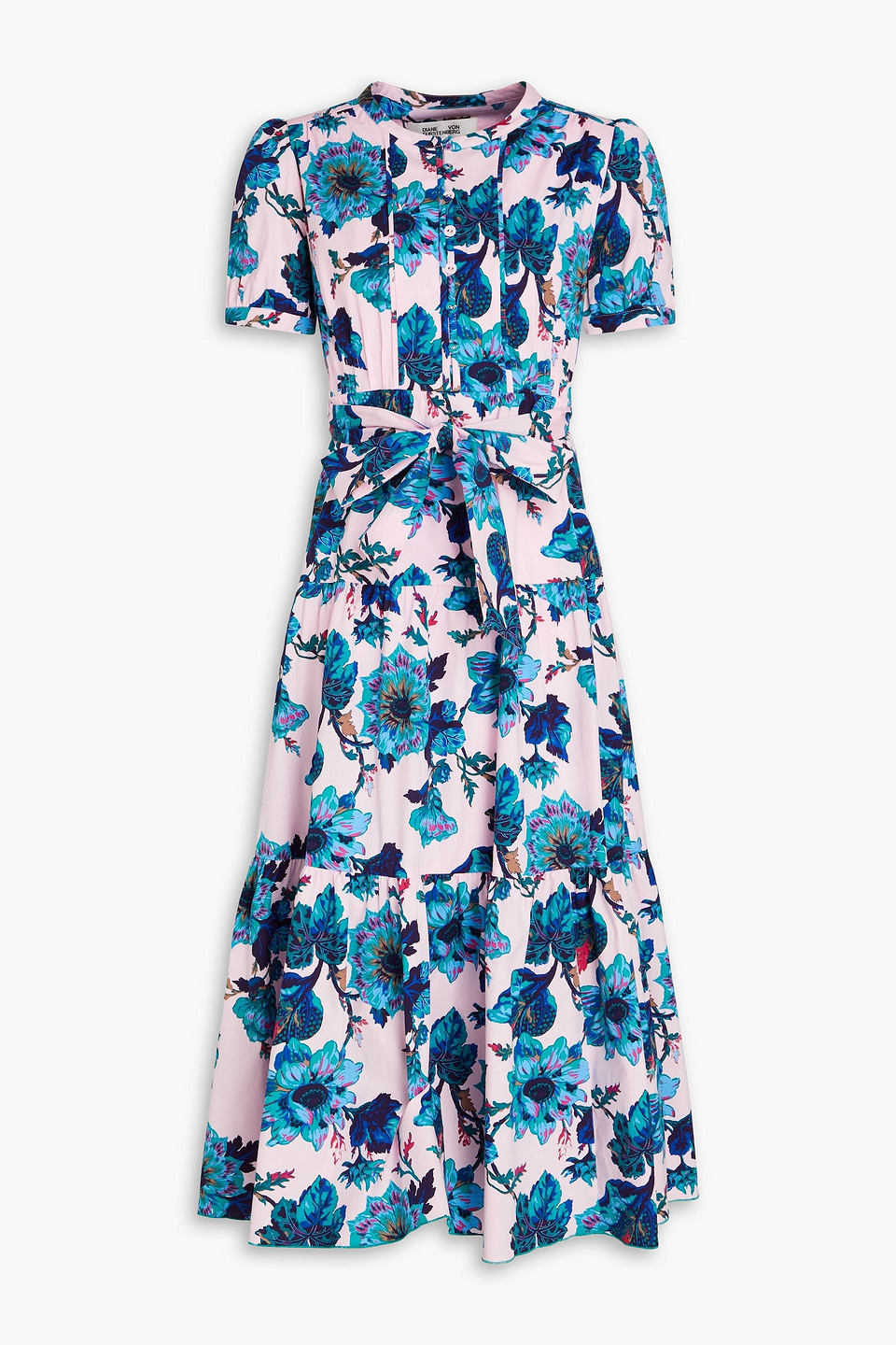 Shop Diane Von Furstenberg Frankie Tiered Floral-print Stretch-cotton Poplin Midi Dress In Turquoise