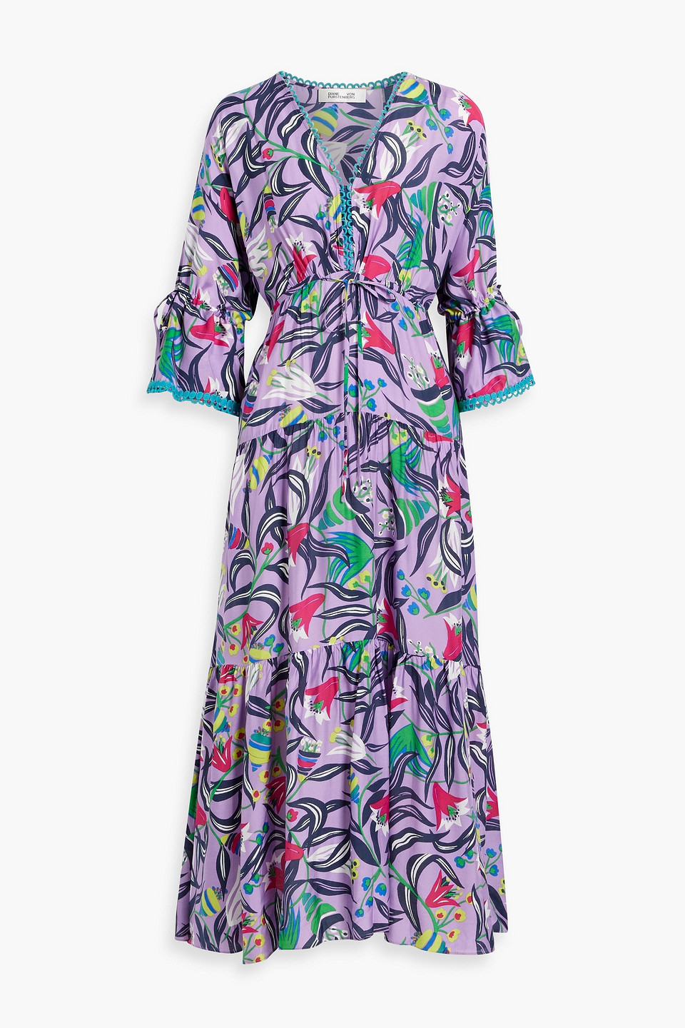 Diane Von Furstenberg Boris Tiered Floral-print Sateen Midi Dress In Lavender