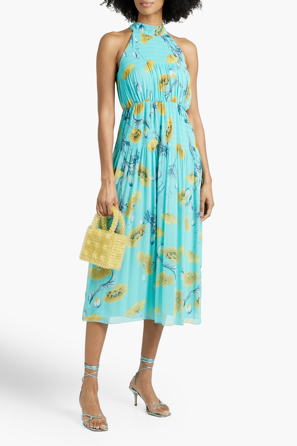 Shop Diane Von Furstenberg Lupin Floral-print Plissé-chiffon Midi Dress In Turquoise