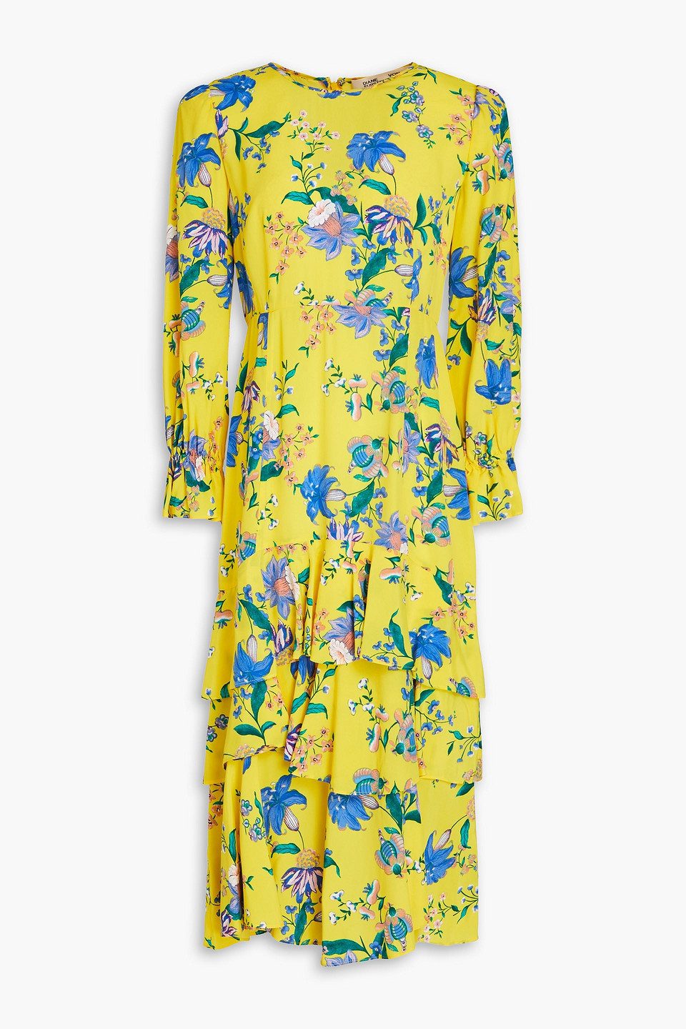 Shop Diane Von Furstenberg Fairfax Ruffled Floral-print Crepe De Chine Midi Dress In Yellow