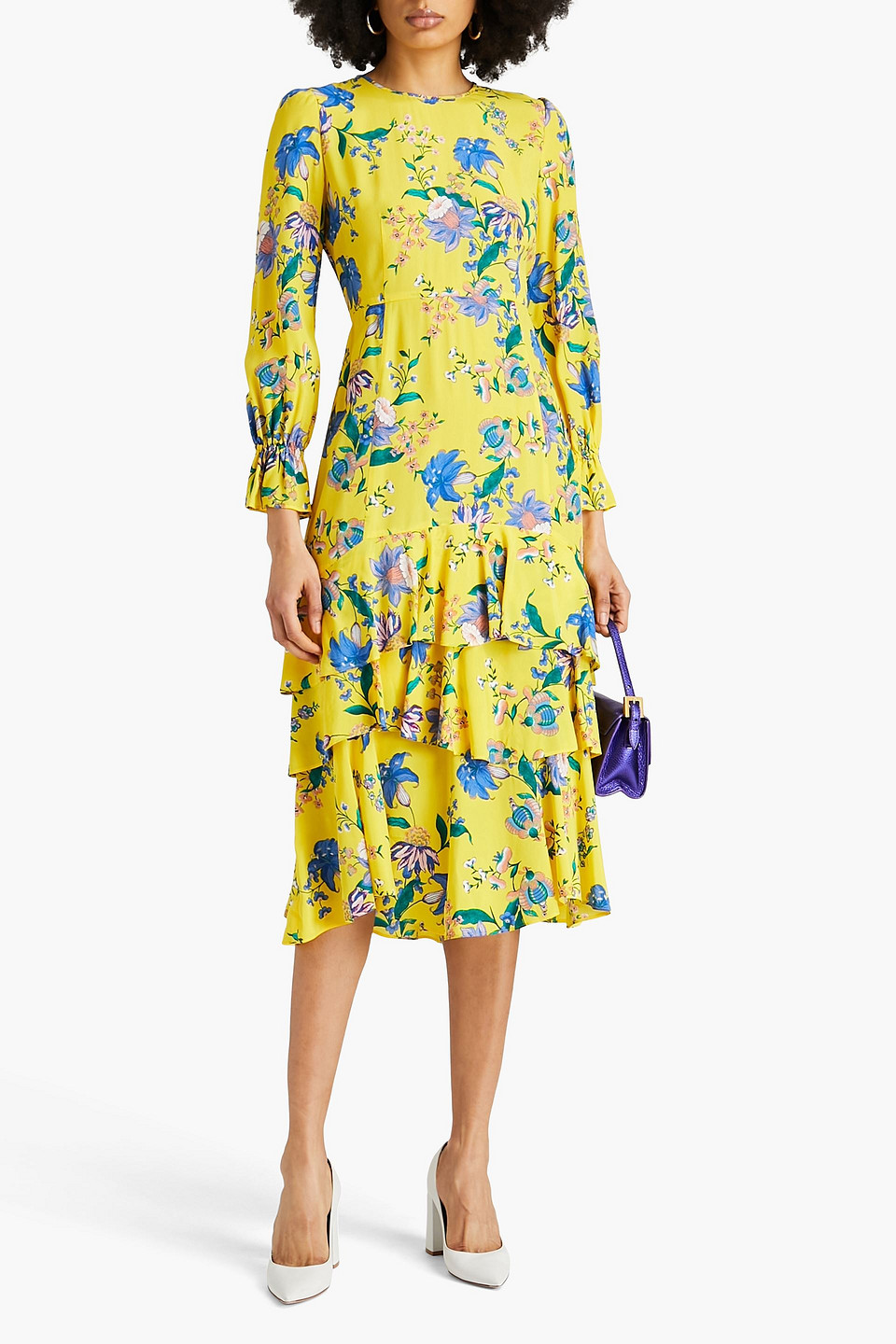 Shop Diane Von Furstenberg Fairfax Ruffled Floral-print Crepe De Chine Midi Dress In Yellow