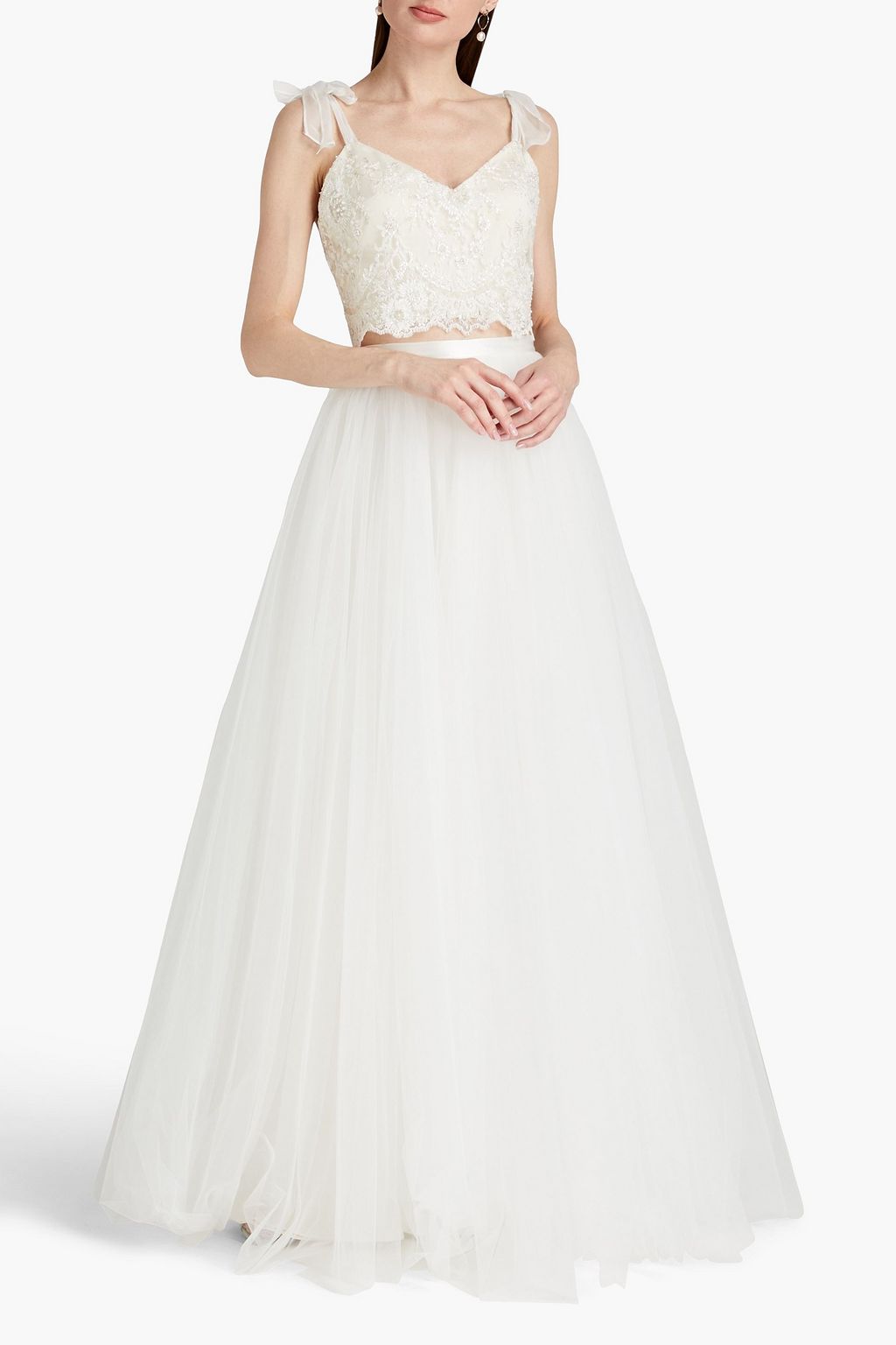 CATHERINE DEANE Michelle cropped embellished satin and tulle top