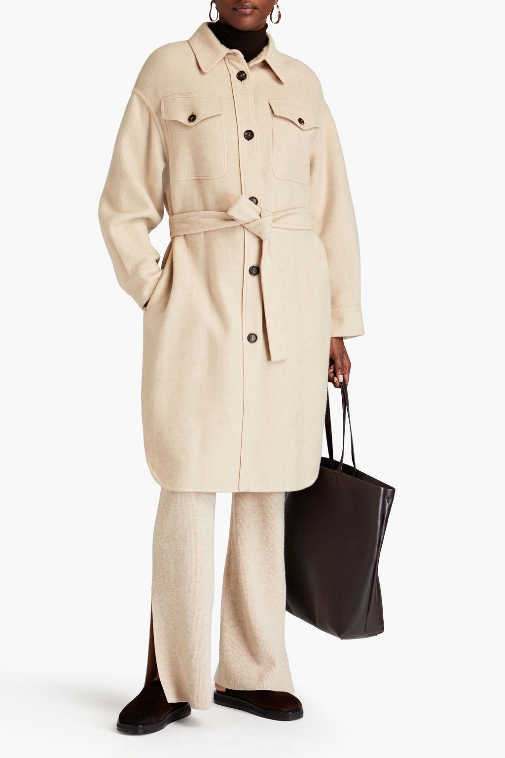 BRUNELLO CUCINELLI Belted embellished cashmere and cotton-blend felt coat