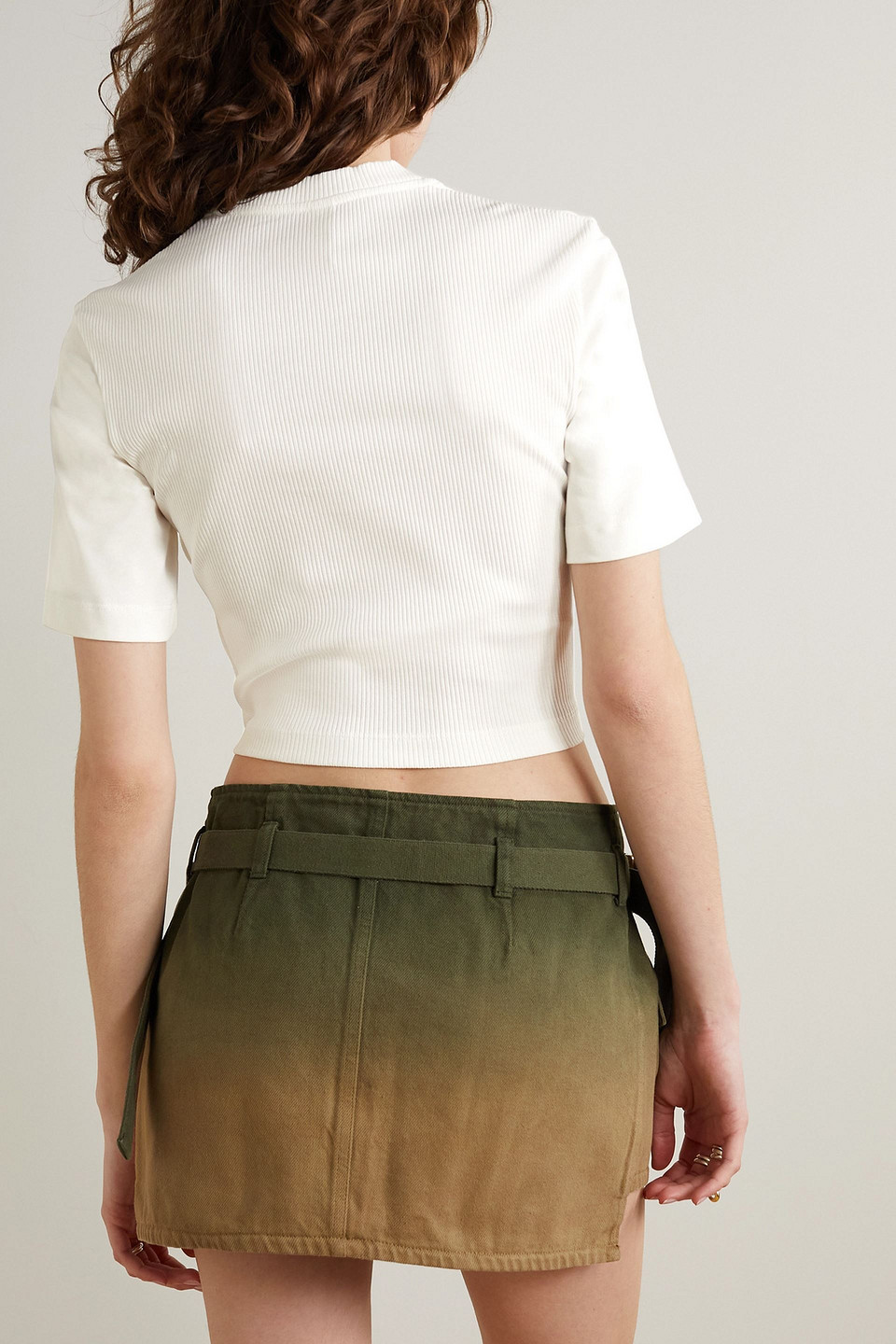 Dion Lee Cropped Grosgrain-trimmed Ribbed Stretch-cotton Jersey T-shirt In Ivory