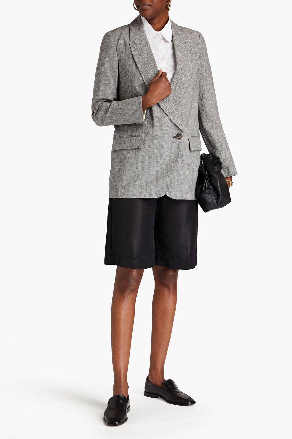 BRUNELLO CUCINELLI Double-breasted houndstooth slub wool and linen-blend blazer