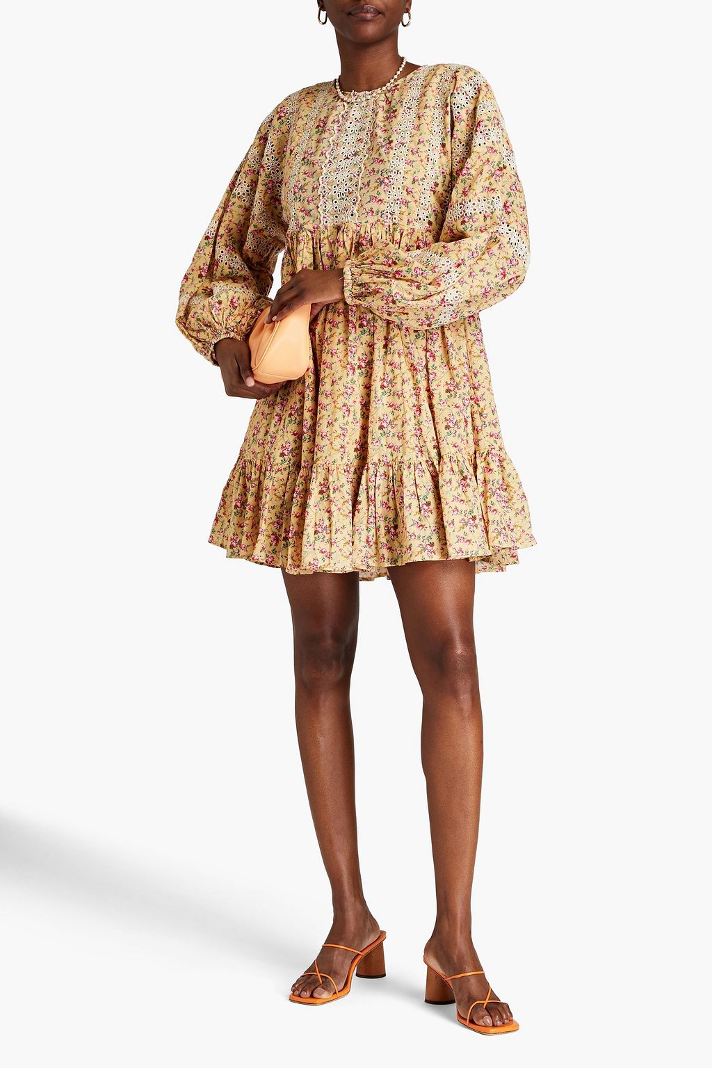 BYTIMO Gathered floral-print cotton mini shirt dress