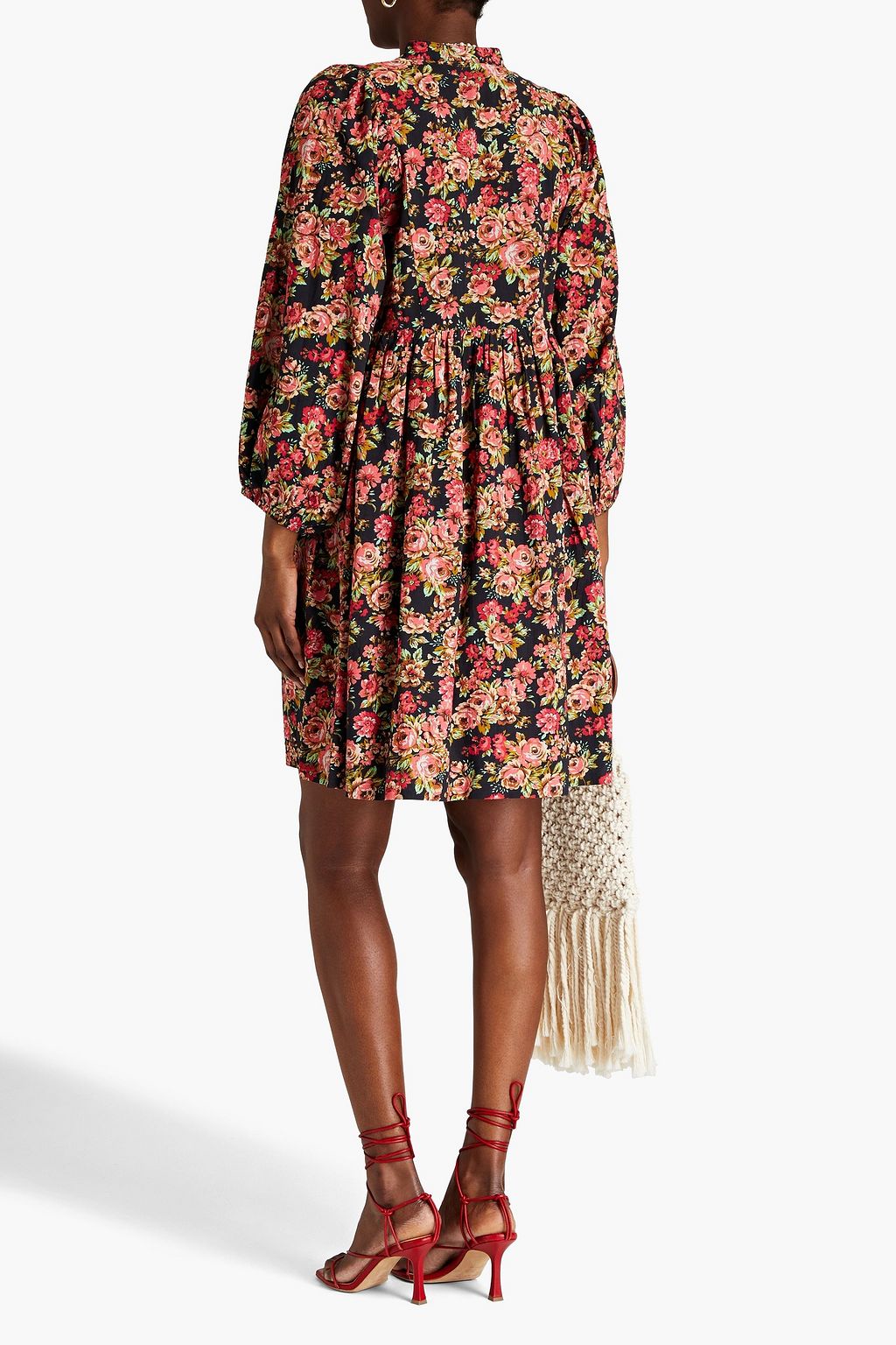 BYTIMO Gathered floral-print cotton-blend mini shirt dress
