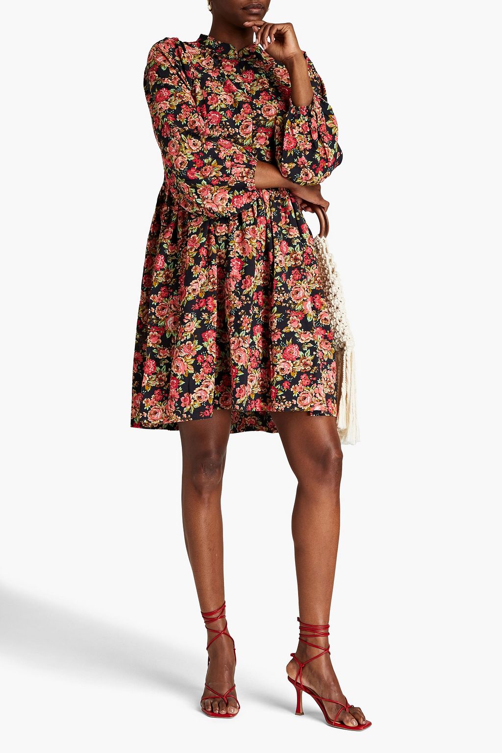 BYTIMO Gathered floral-print cotton-blend mini shirt dress