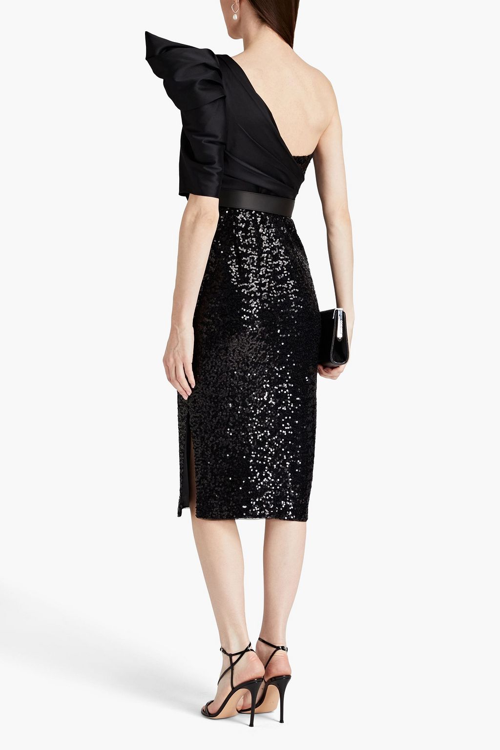 BADGLEY MISCHKA One-shoulder satin-twill and sequined tulle midi dress