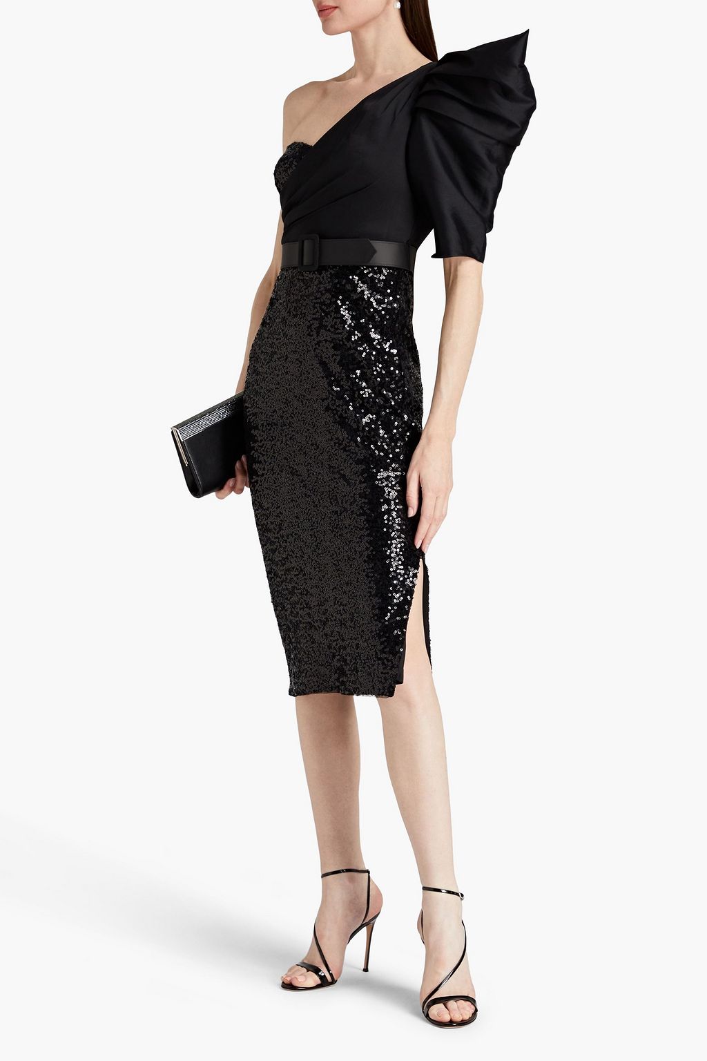 BADGLEY MISCHKA One-shoulder satin-twill and sequined tulle midi dress