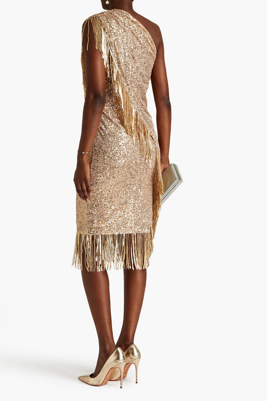BADGLEY MISCHKA One-shoulder wrap-effect sequined mesh midi dress