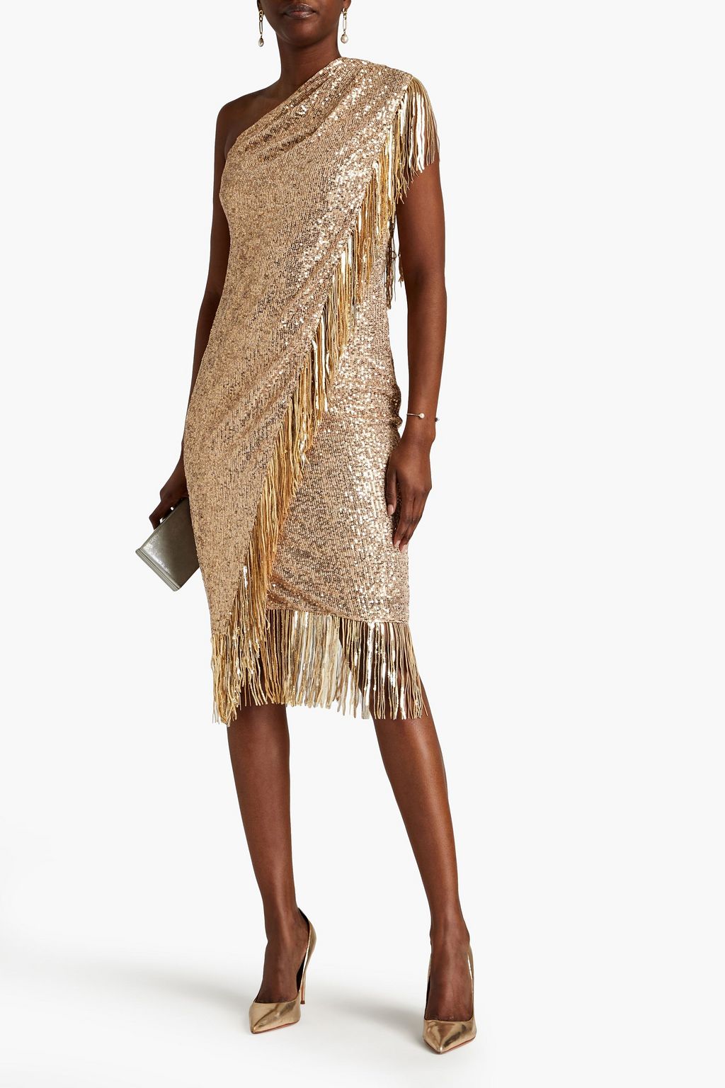 BADGLEY MISCHKA One-shoulder wrap-effect sequined mesh midi dress