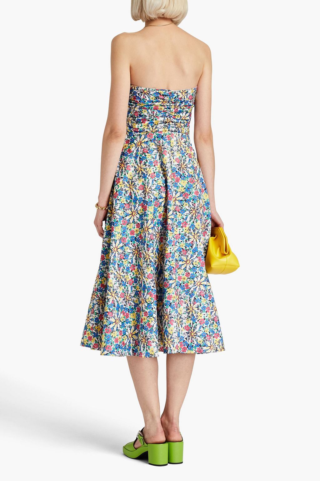 HVN Karla strapless ruched floral-print satin-crepe midi dress