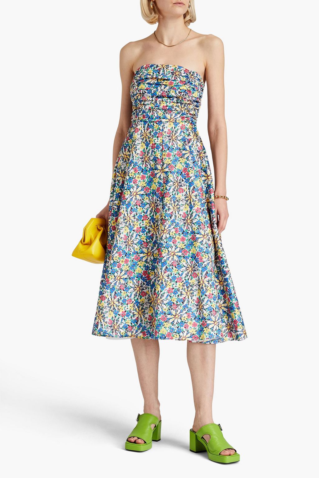 HVN Karla strapless ruched floral-print satin-crepe midi dress