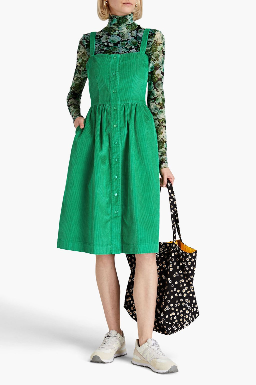 HVN Laura gathered cotton-corduroy midi dress