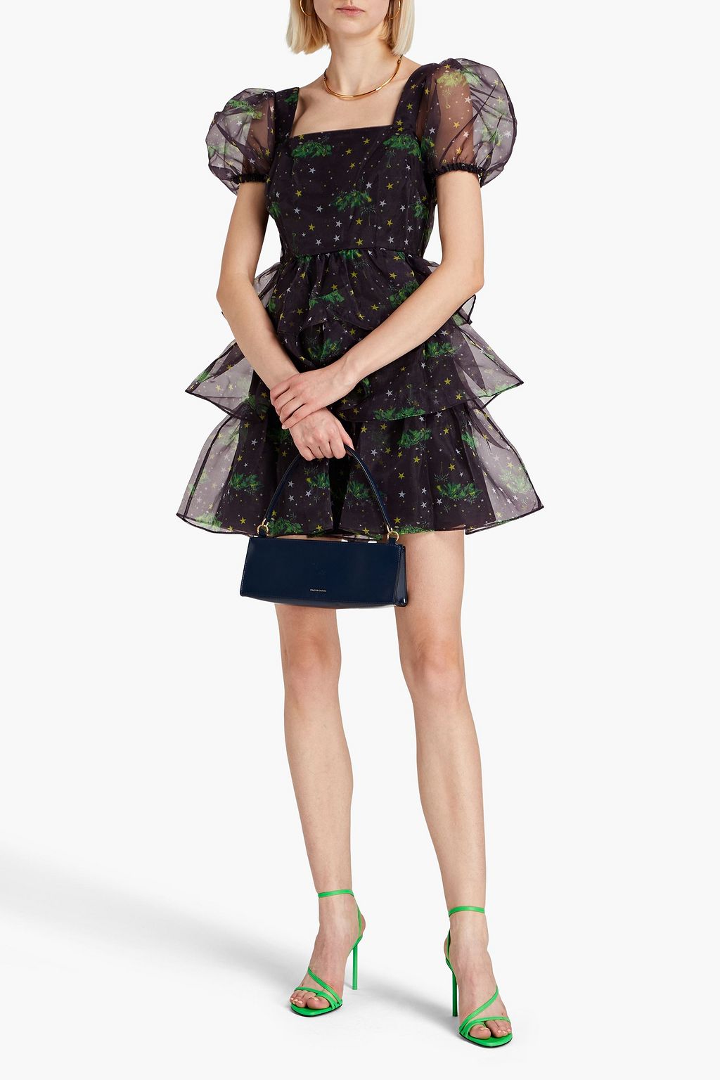 HVN Mimi tiered printed organza mini dress