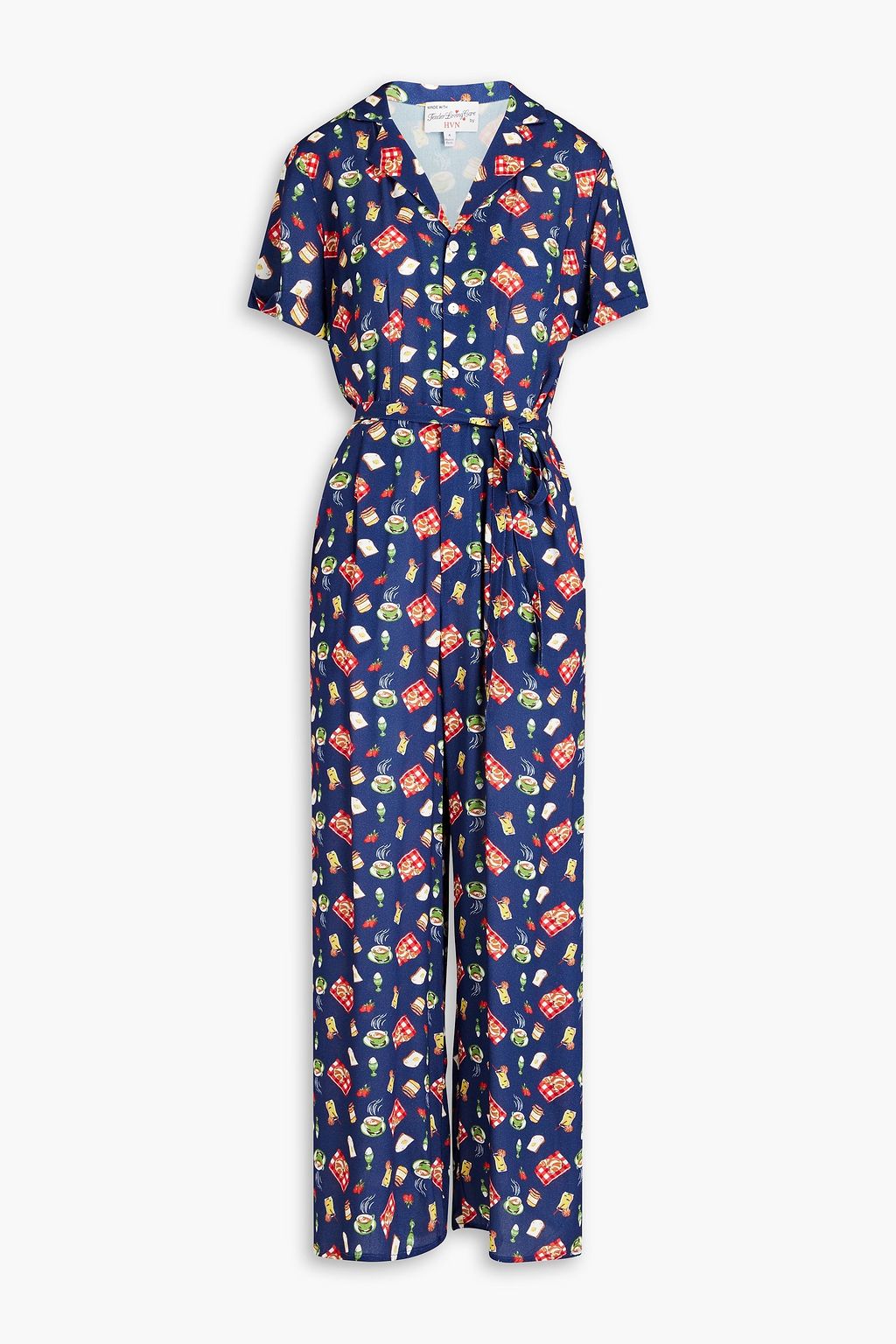 HVN Gia belted printed crepe jumpsuit THE OUTNET