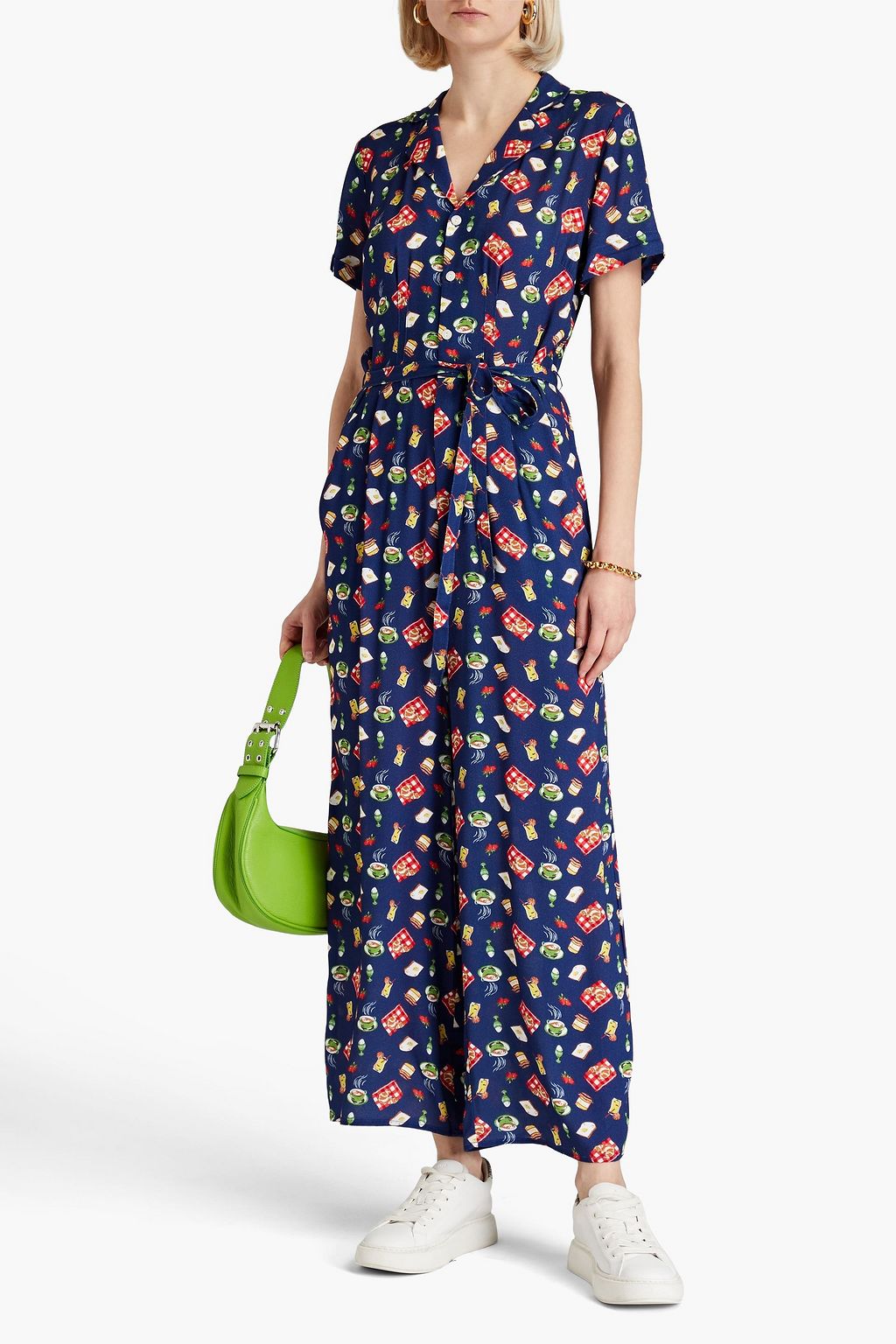 HVN Gia belted printed crepe jumpsuit