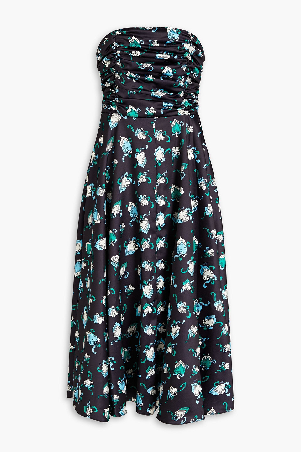 Shop Hvn Karla Strapless Printed Satin-crepe Midi Dress In Black