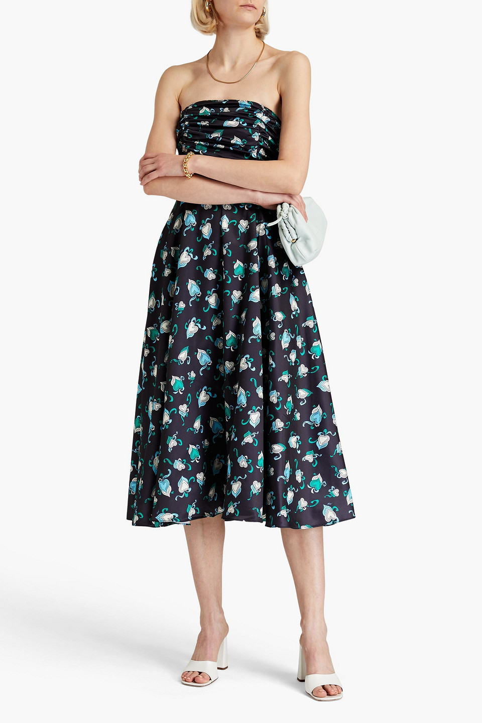 Shop Hvn Karla Strapless Printed Satin-crepe Midi Dress In Black