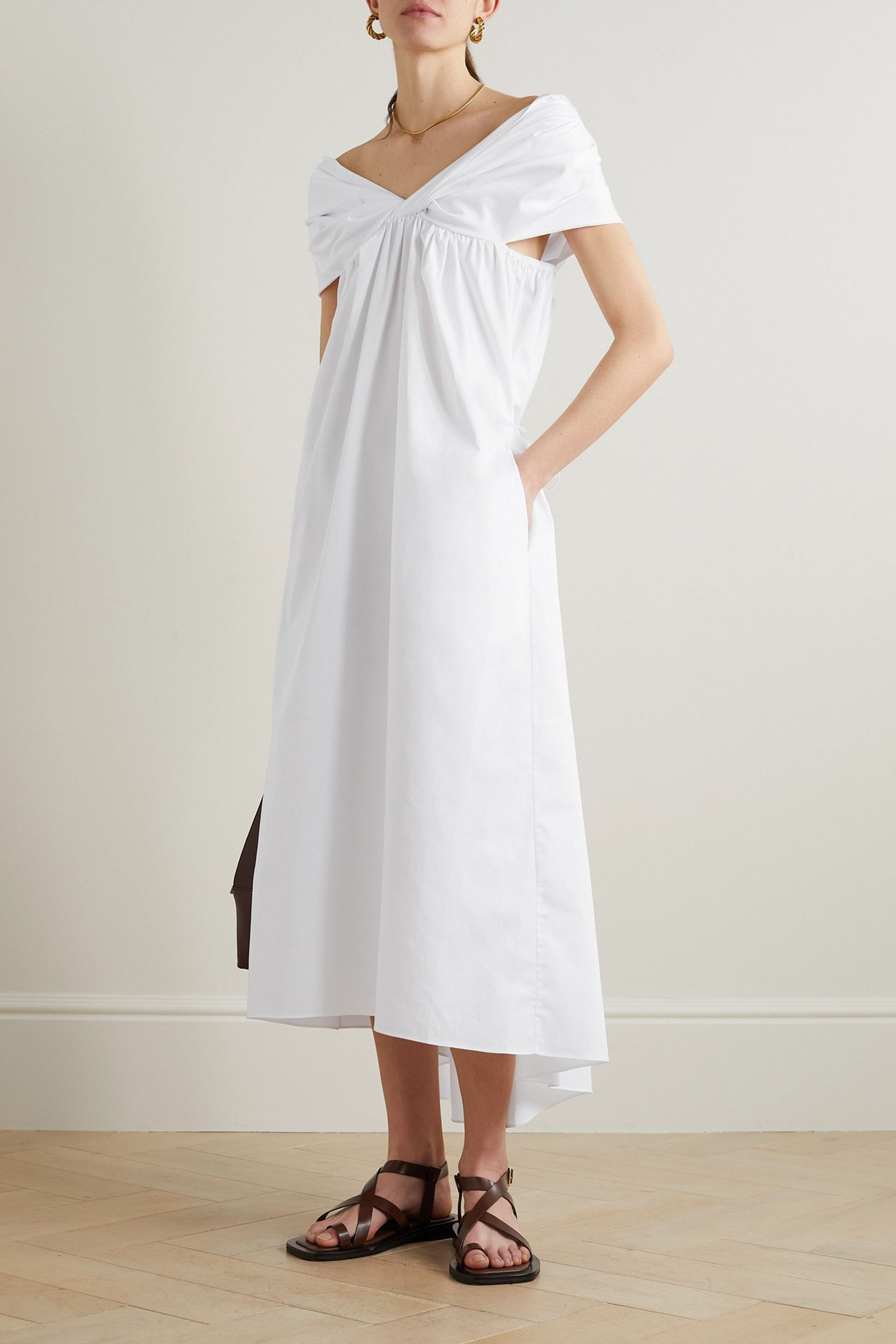 Adam Lippes Off-the-shoulder ruched cotton-poplin midi dress
