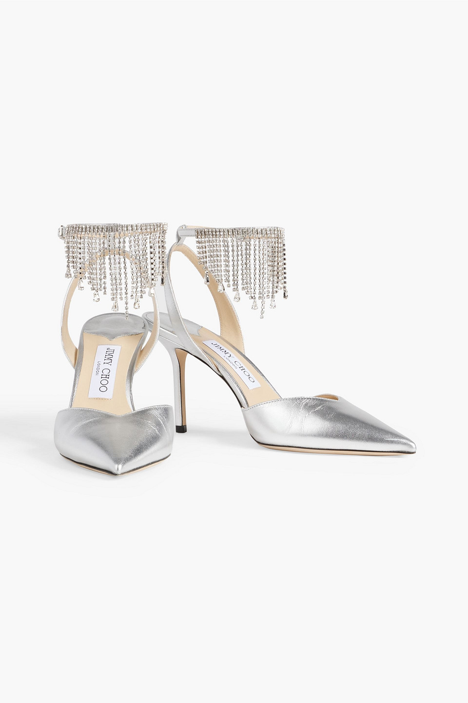 Shop Jimmy Choo Birtie 85 Crystal-embellished Metallic Leather Pumps In Silver