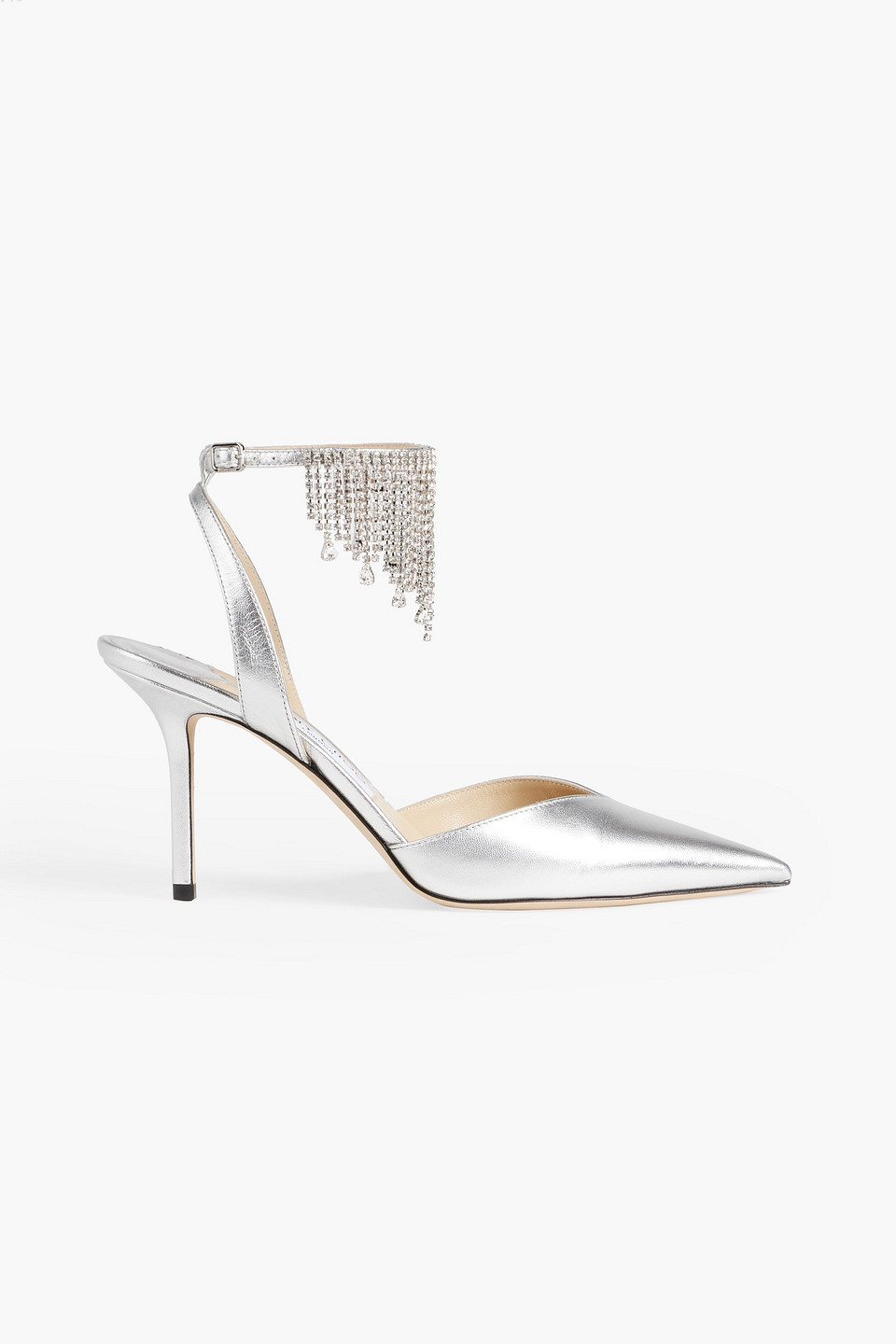 Shop Jimmy Choo Birtie 85 Crystal-embellished Metallic Leather Pumps In Silver