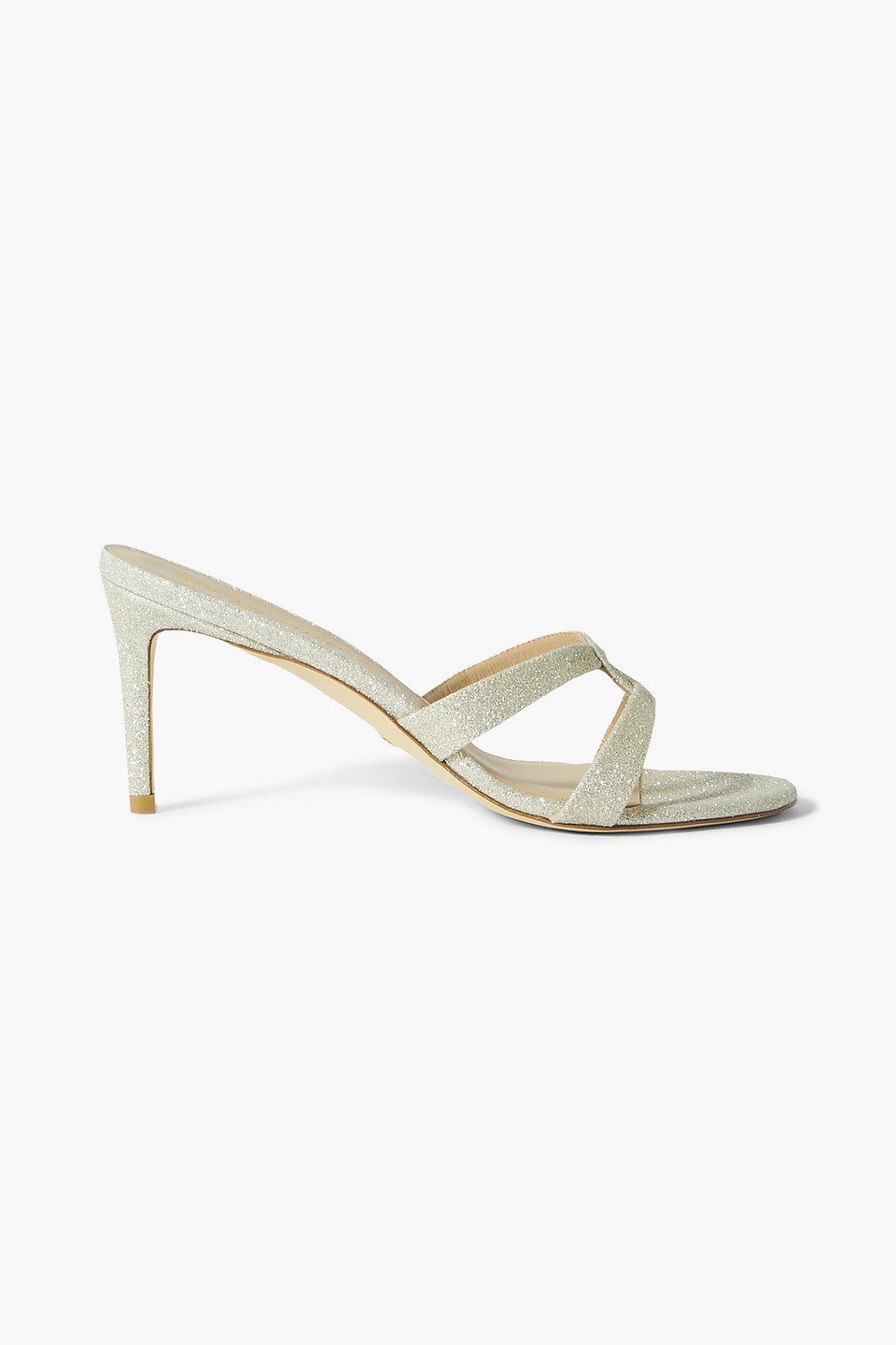 Stuart Weitzman Soiree Sleek Glittered Leather Sandals In Platinum