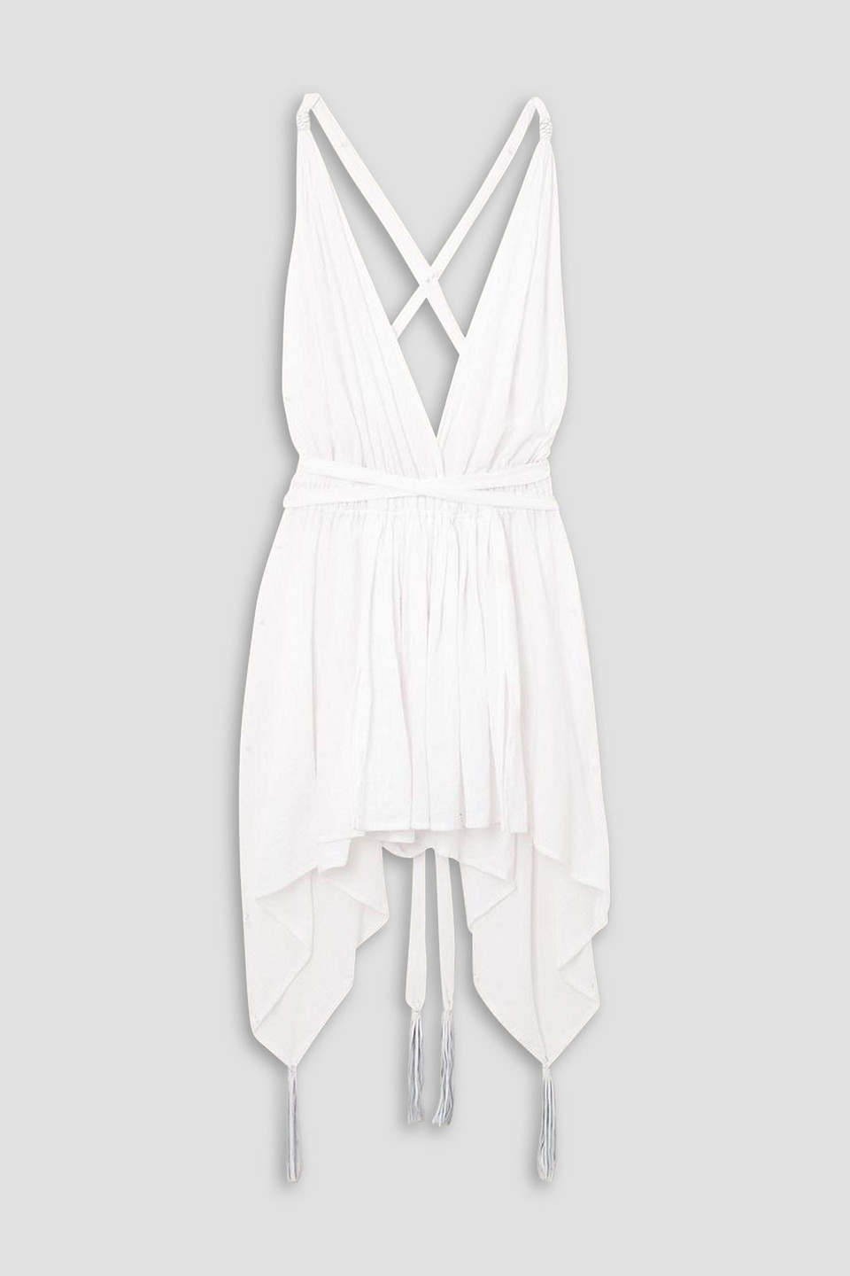Caravana Chuj Asymmetric Leather-trimmed Cotton-gauze Halterneck Mini Dress In White