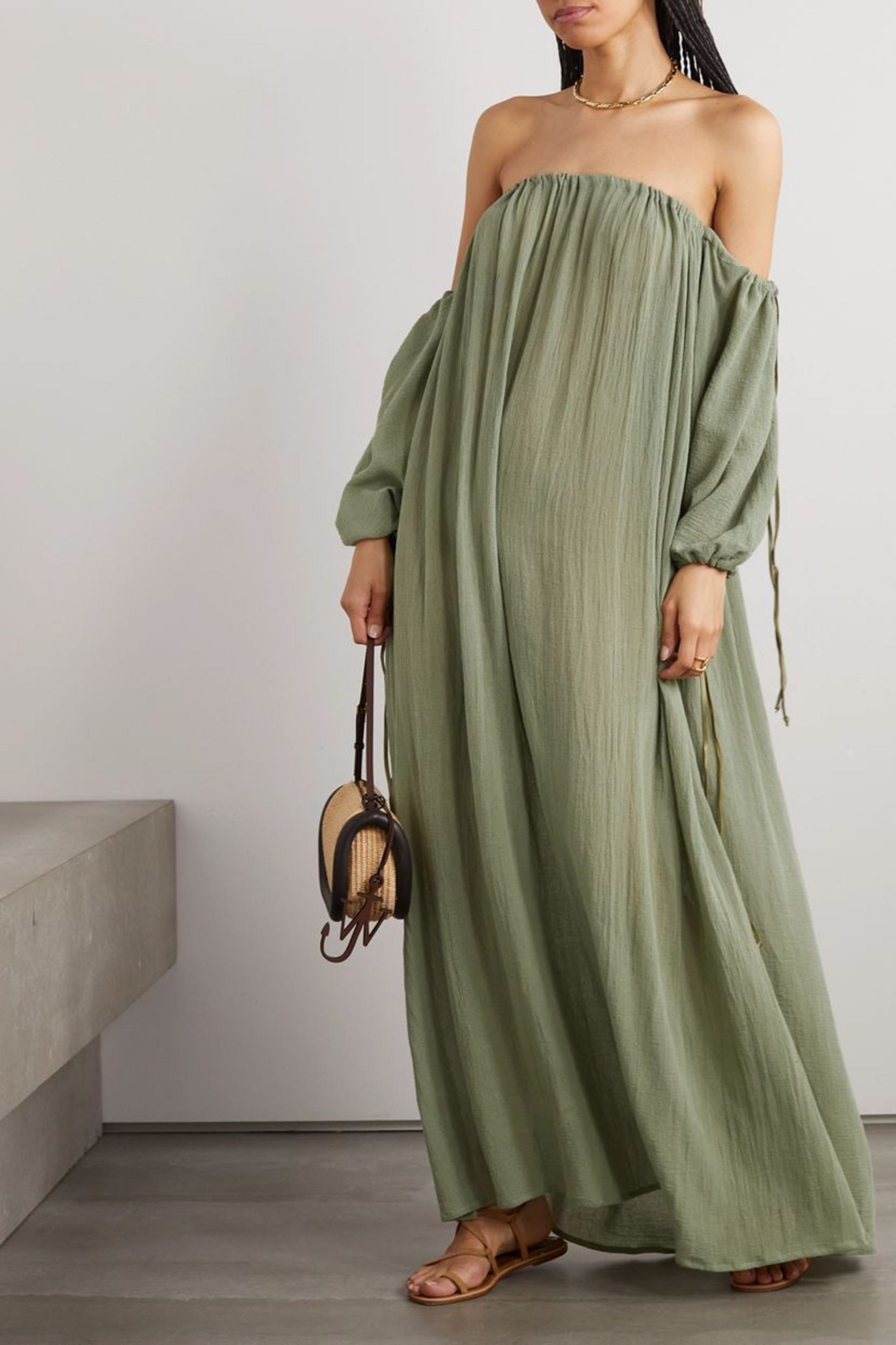 Caravana Kikab off-the-shoulder leather-trimmed cotton-gauze maxi dress