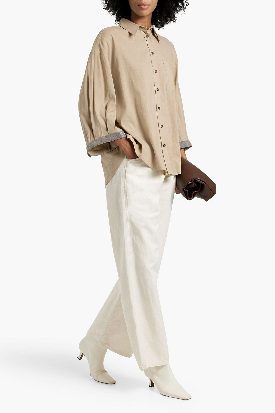 BRUNELLO CUCINELLI PLEATED COTTON AND LINEN-BLEND WIDE-LEG PANTS