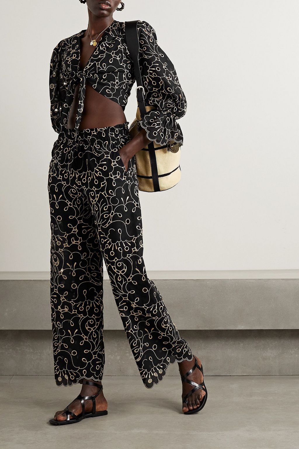 WAIMARI Rosalia broderie anglaise cotton-blend voile straight-leg pants